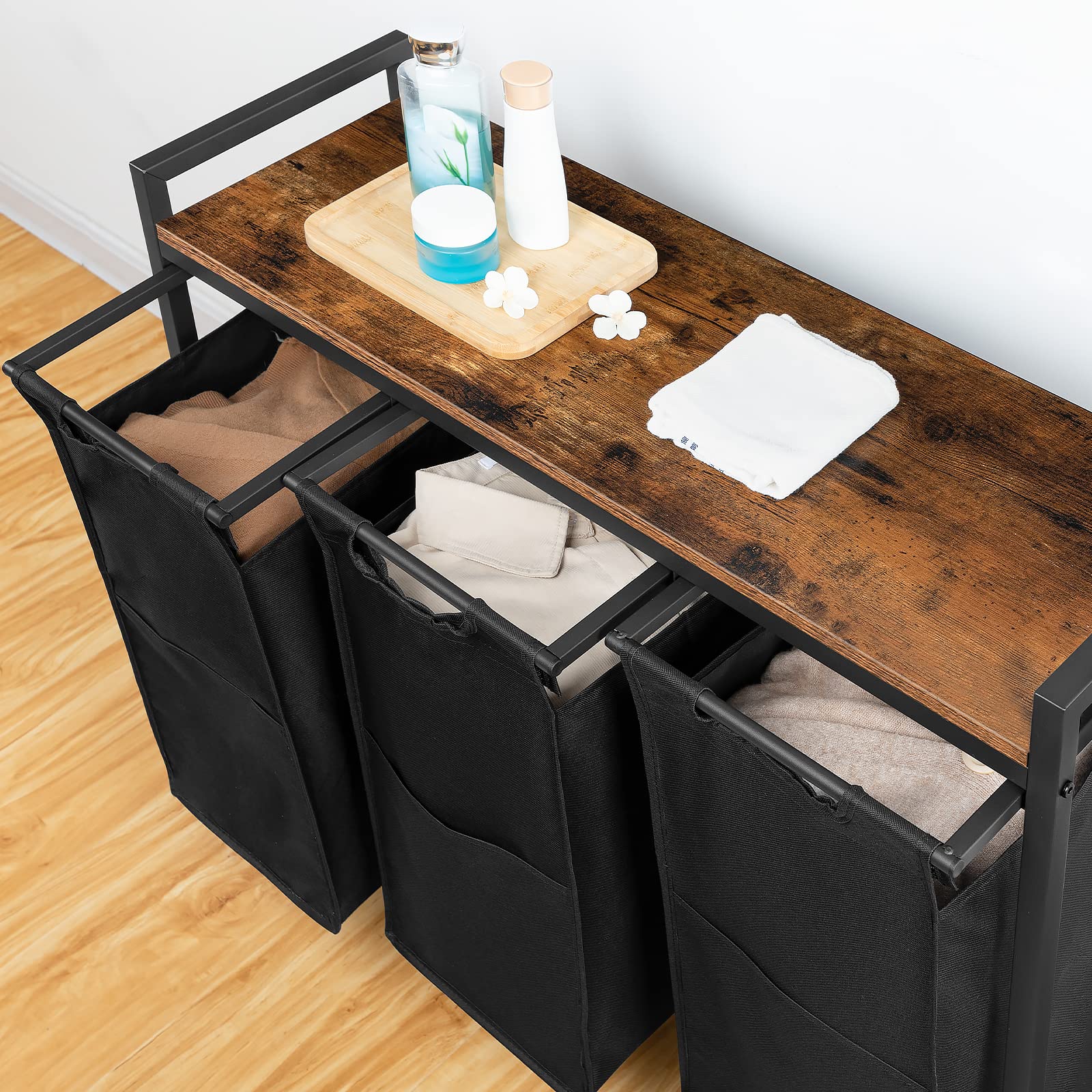 HOOBRO Wäschekorb 3 Fächer, Wäschesammler mit Ablage, Wäschebox, Wäschewagen, 3 x 39,8 L, Wäschesack aus Oxford-Gewebe, 84 x 33 x 74,5 cm, Vintagebraun-Schwarz EBF38XY01G1 - Image 5