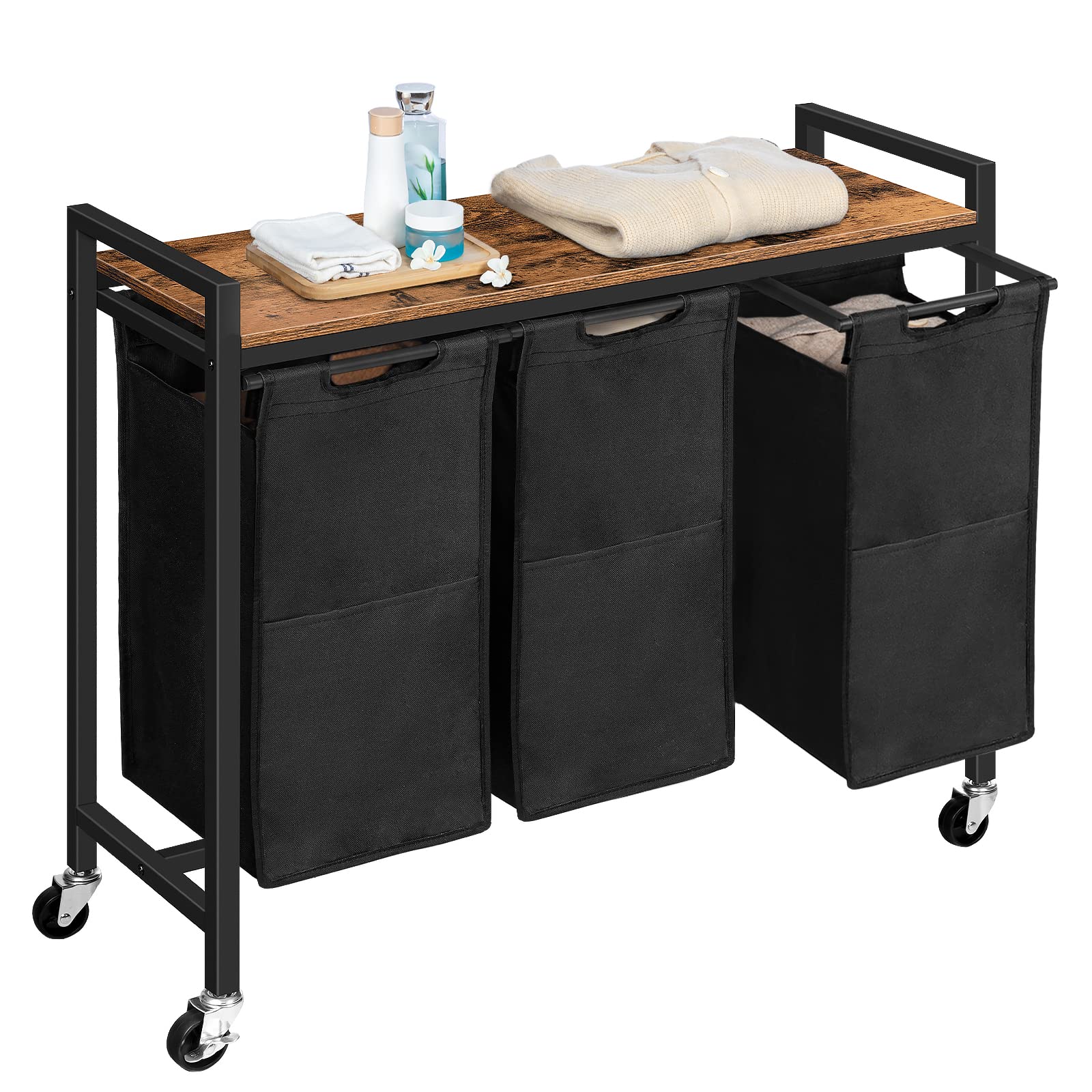 HOOBRO Wäschekorb 3 Fächer, Wäschesammler mit Ablage, Wäschebox, Wäschewagen, 3 x 39,8 L, Wäschesack aus Oxford-Gewebe, 84 x 33 x 74,5 cm, Vintagebraun-Schwarz EBF38XY01G1 - Image 8