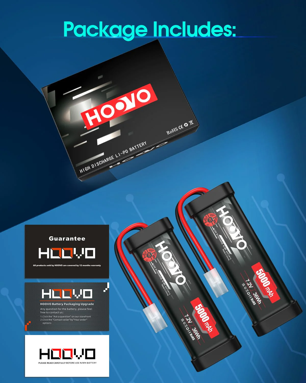 HOOVO 7,2 V NiMH Akku 5000mAh 6 Zellen RC Battery/Batterie für RC Car Autos Flugzeug Hubschrauber Boot Buggy Modellbau Spielzeug (2 Packungen - Image 2