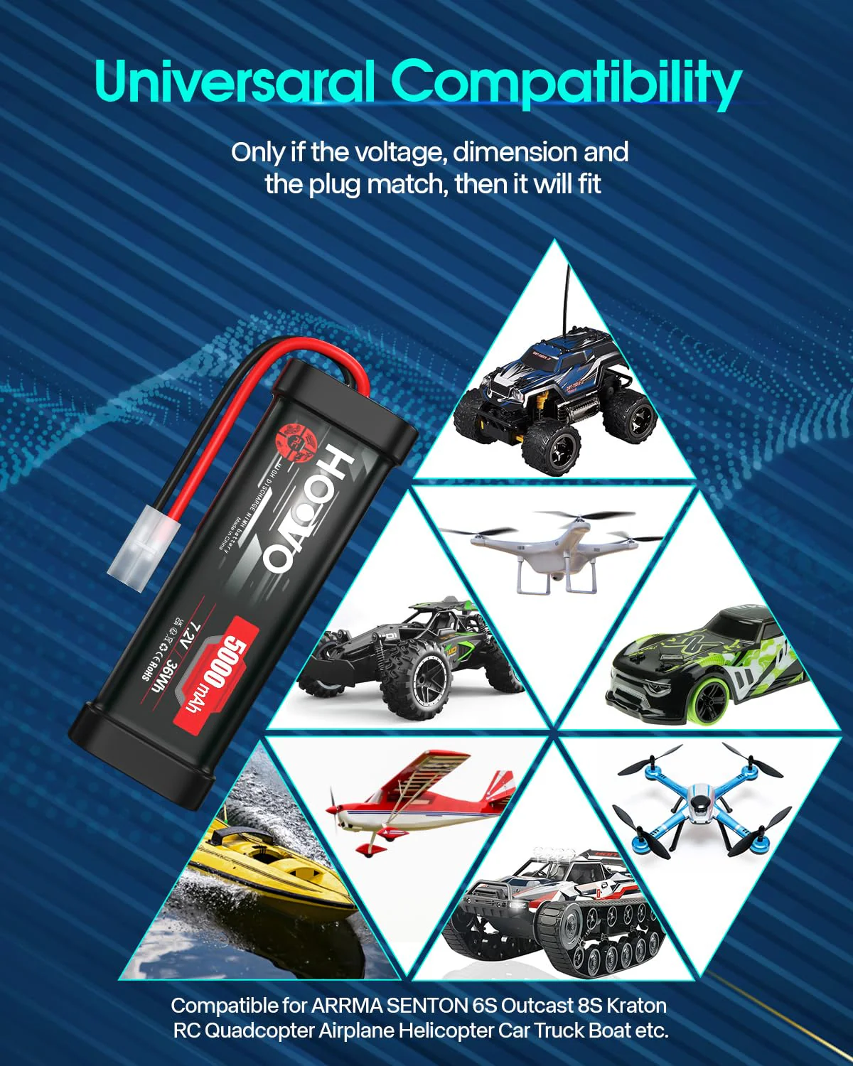 HOOVO 7,2 V NiMH Akku 5000mAh 6 Zellen RC Battery/Batterie für RC Car Autos Flugzeug Hubschrauber Boot Buggy Modellbau Spielzeug (2 Packungen - Image 3