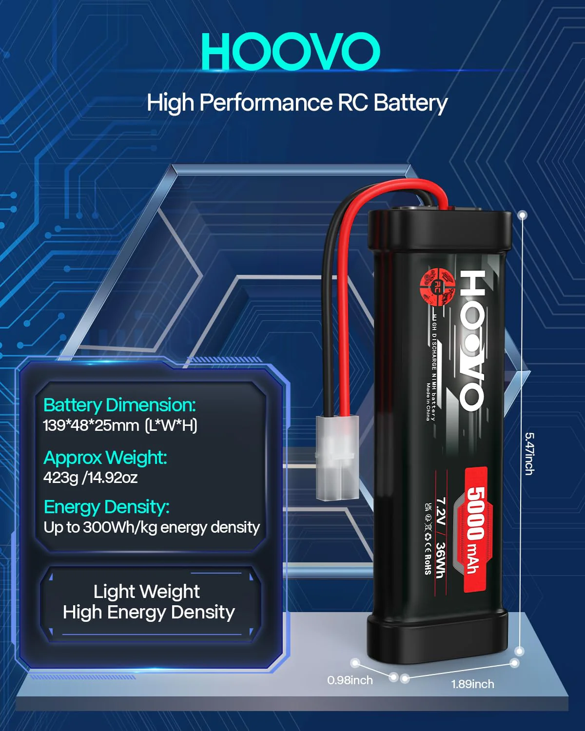 HOOVO 7,2 V NiMH Akku 5000mAh 6 Zellen RC Battery/Batterie für RC Car Autos Flugzeug Hubschrauber Boot Buggy Modellbau Spielzeug (2 Packungen - Image 6