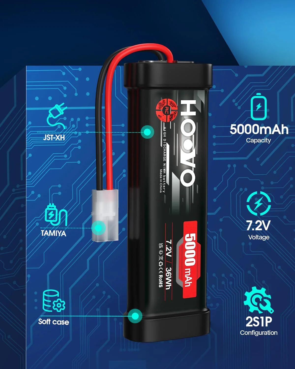 HOOVO 7,2 V NiMH Akku 5000mAh 6 Zellen RC Battery/Batterie für RC Car Autos Flugzeug Hubschrauber Boot Buggy Modellbau Spielzeug (2 Packungen - Image 7