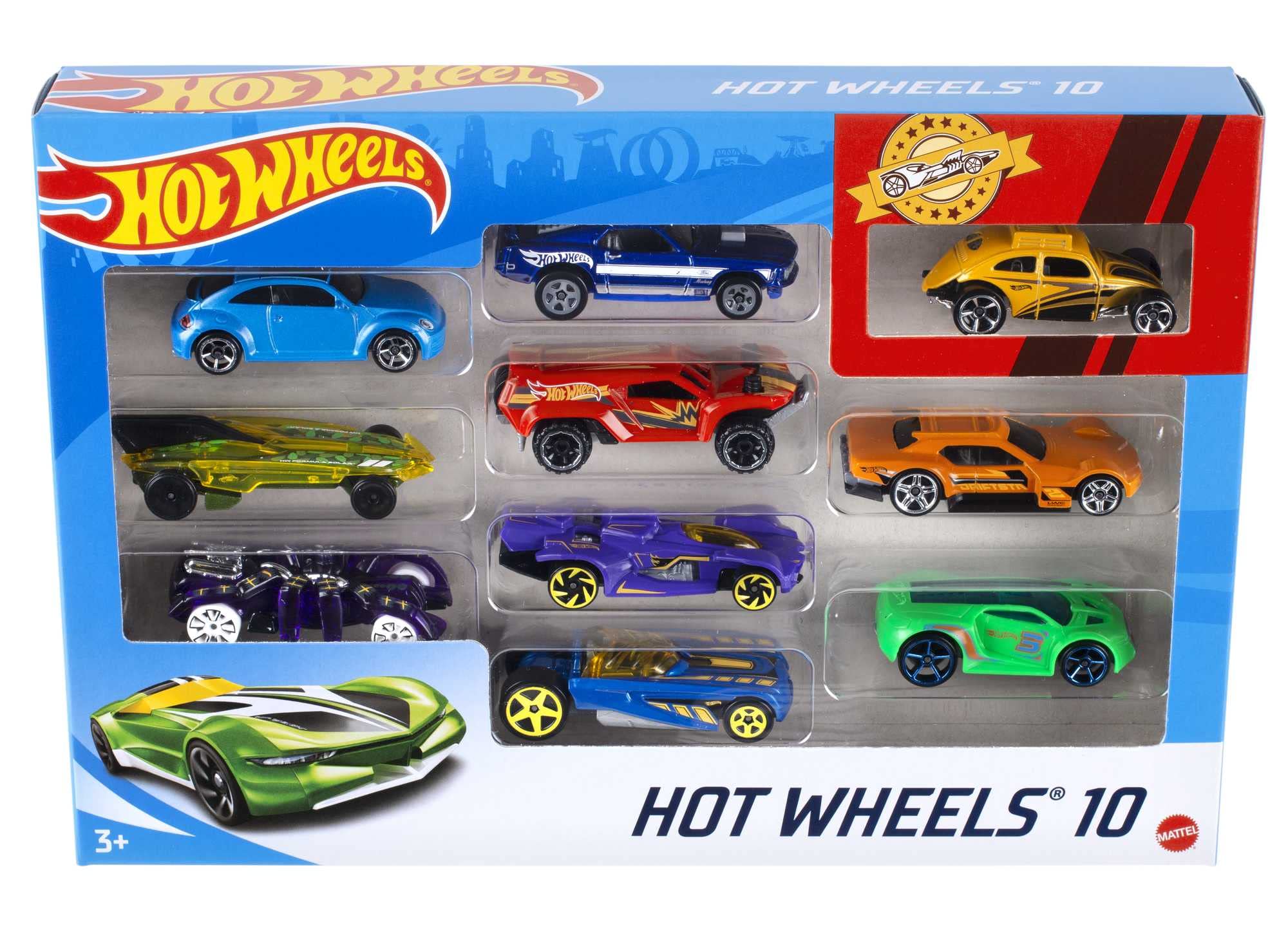 Hot Wheels 1:64 Die-Cast Auto Geschenkset, je 10 Spielzeugautos, zufÀllige Auswahl, Spielzeug Autos ab 3 Jahren, 10er Pack, Mehrfarbig, 54886