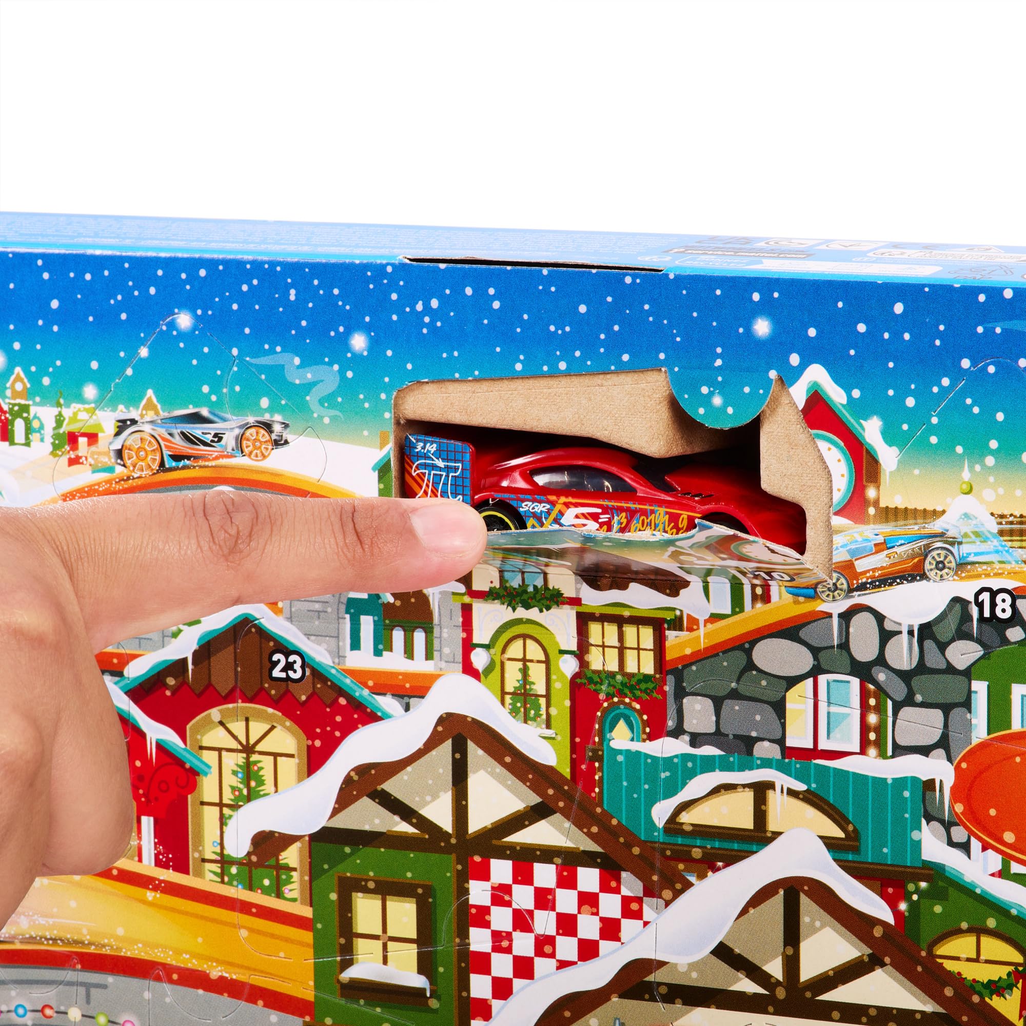 Hot Wheels Adventskalender - 8 Autos und 16 winterliche Zubehörteile hinter 24 nummerierten Türchen, inklusive Spielmatte, für Kinder Fans, HKL74 - Image 3