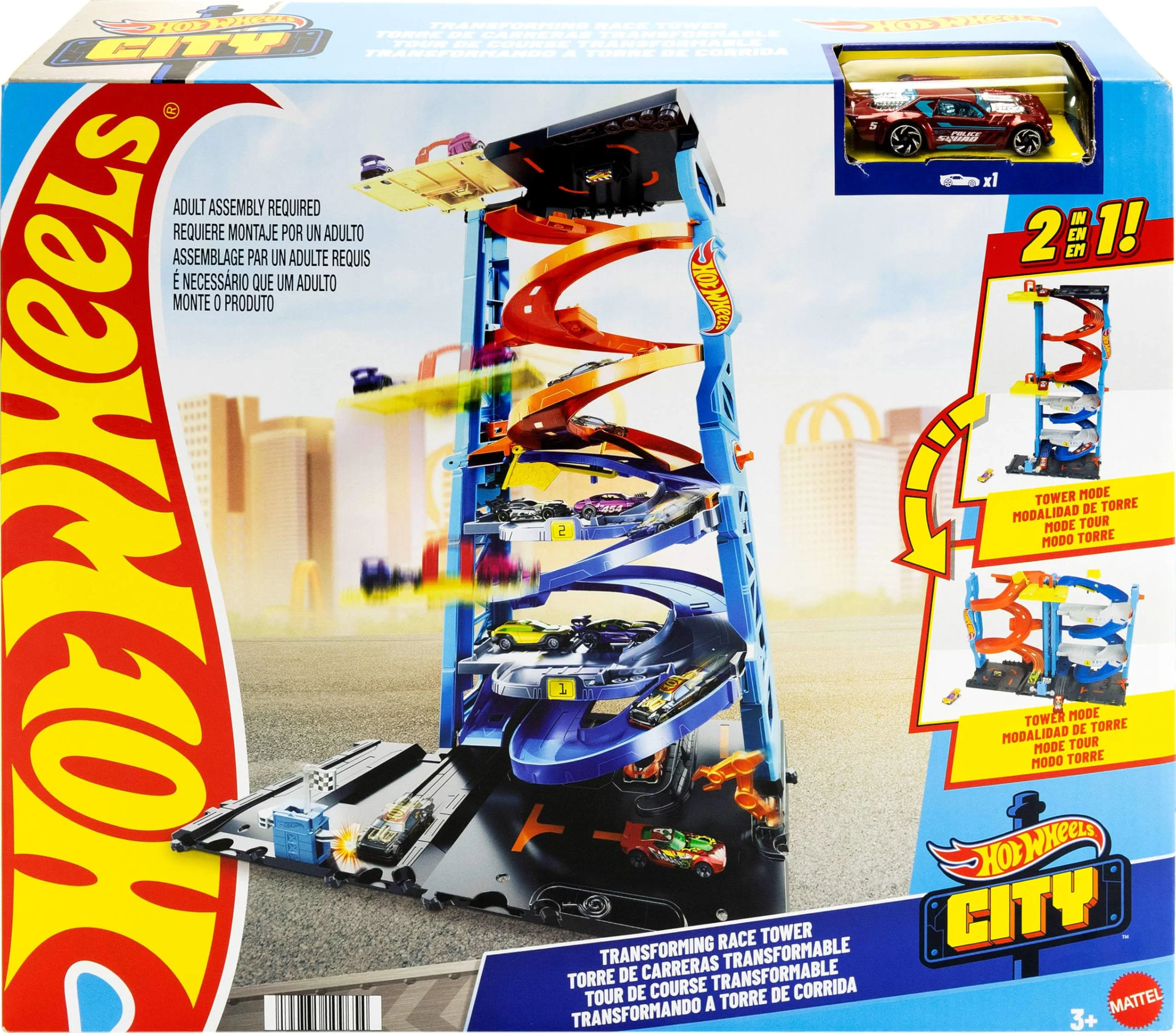 Hot Wheels City Trackset mit 1 Auto, 2-in-1-Rennturm, von Einzelbahn in zweispurige Rennbahn umwandelbar, manueller Aufzug, HKX43 - Image 2