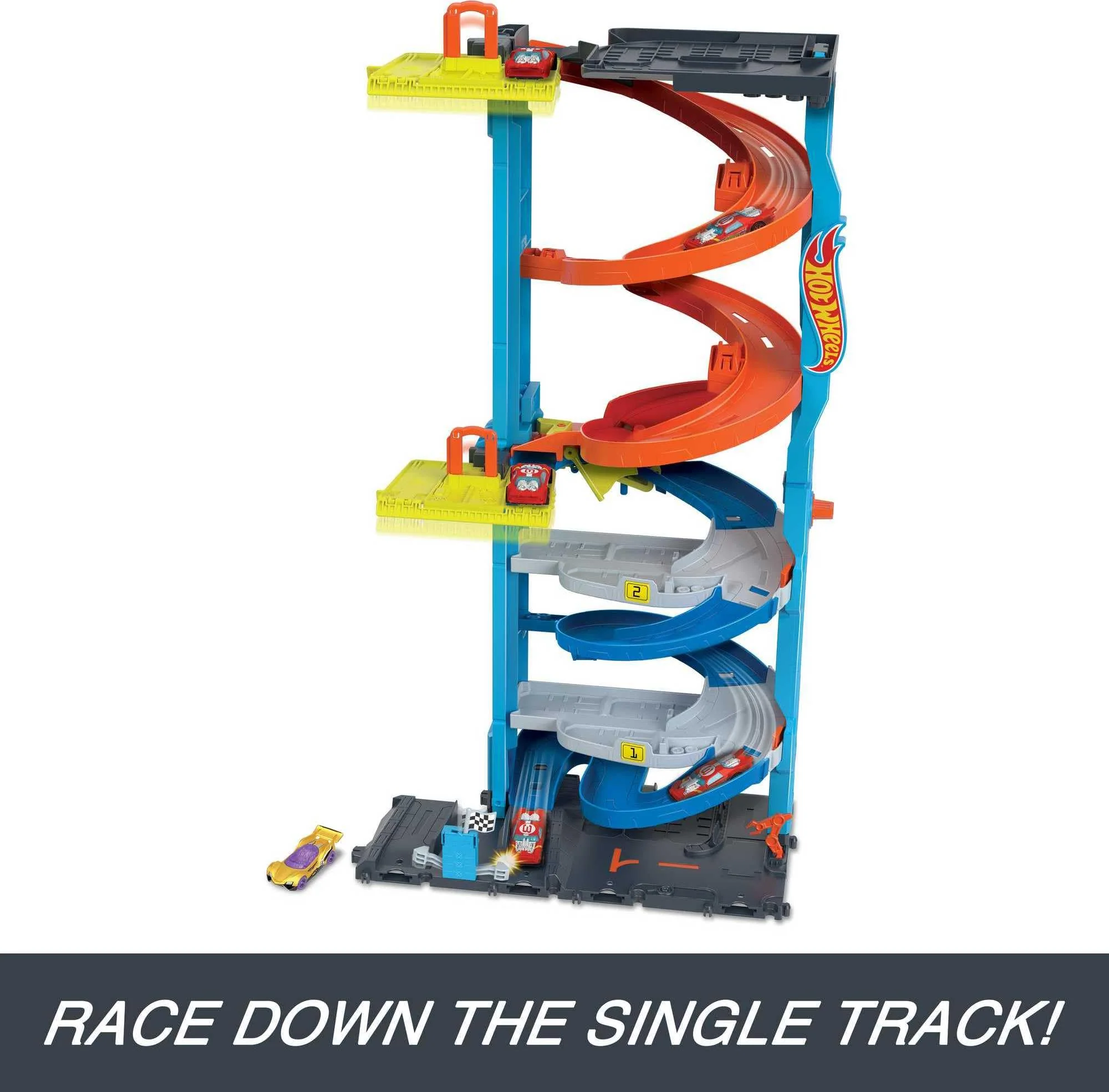 Hot Wheels City Trackset mit 1 Auto, 2-in-1-Rennturm, von Einzelbahn in zweispurige Rennbahn umwandelbar, manueller Aufzug, HKX43 - Image 3