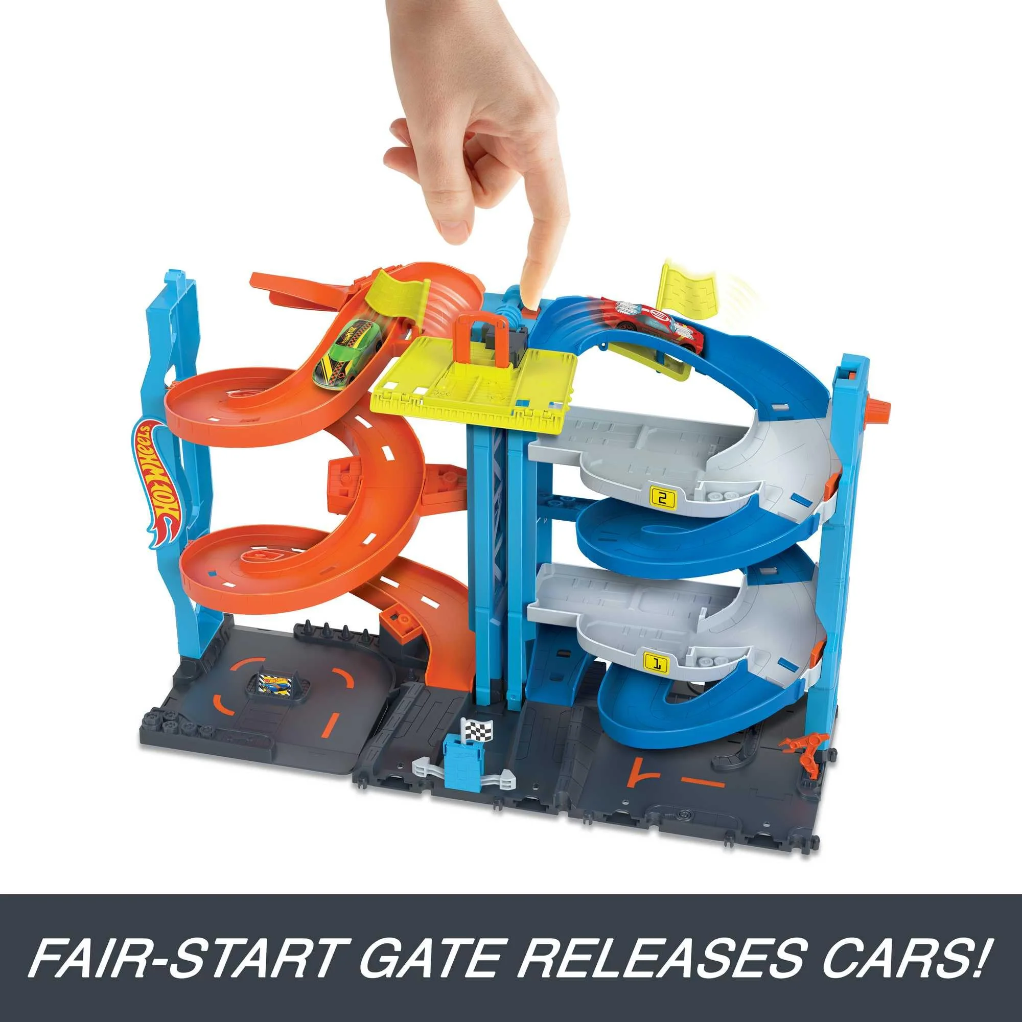 Hot Wheels City Trackset mit 1 Auto, 2-in-1-Rennturm, von Einzelbahn in zweispurige Rennbahn umwandelbar, manueller Aufzug, HKX43 - Image 5