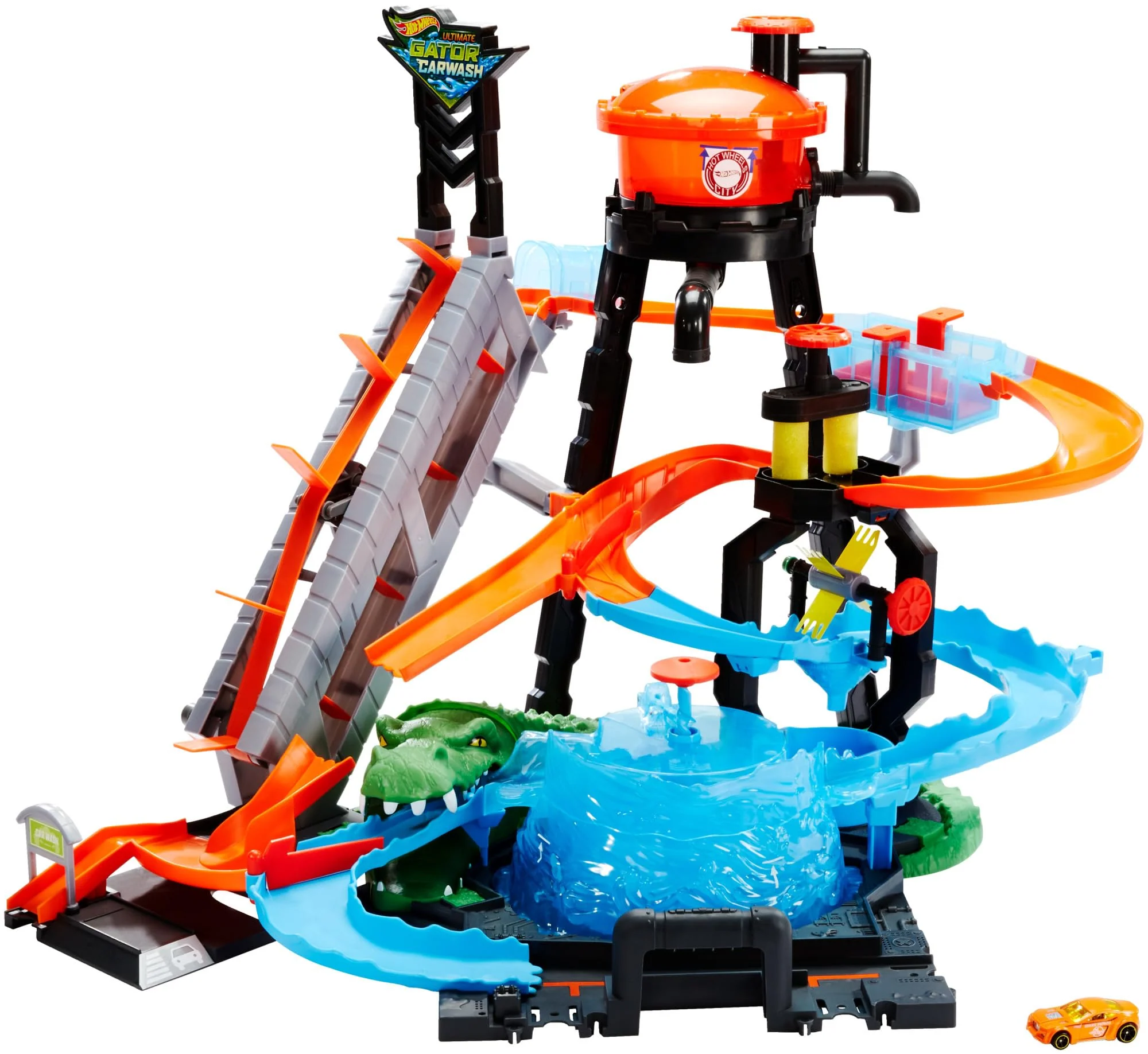 Hot Wheels FTB67 - City Ultimative Autowaschanlage mit Krokodil, Car Wash Waschstation Spielset mit Farbwechseleffekt inkl. 1 Spielzeugauto und Alligator, Spielzeug Autorennbahn ab 4 Jahren