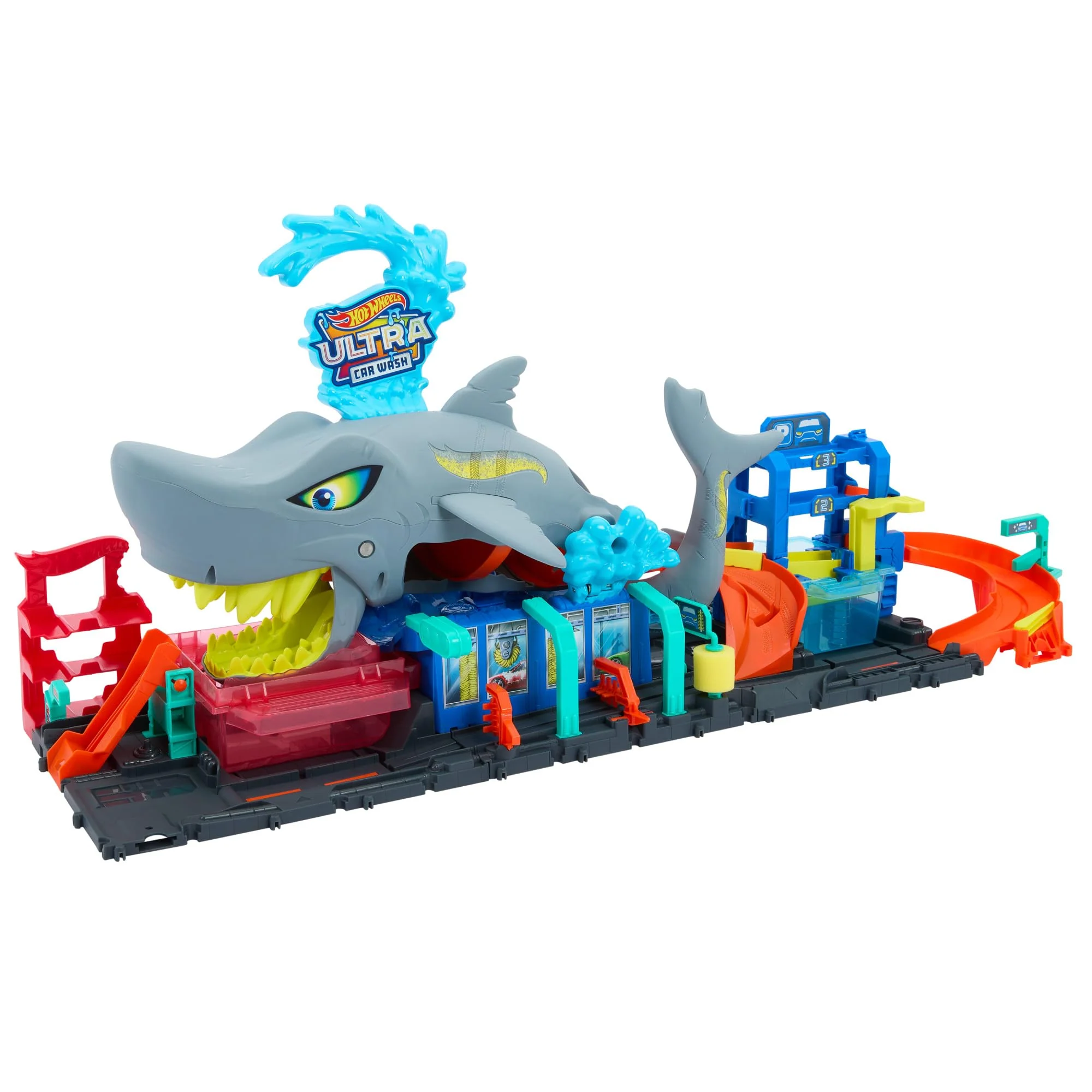 Hot Wheels Let's Race Netflix -City Spielzeugauto-Trackset, Ultimative Hai-Autowaschanlage mit Spielzeugauto im Maßstab 1:64, Farbwechselfunktion, wiederholbarer Farbwechsel-Effekt, Aufbewahrung,HTN82