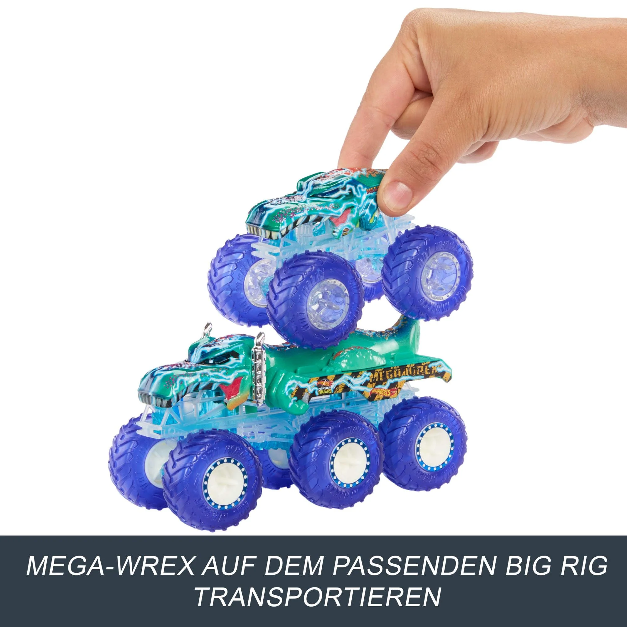 Hot Wheels Monster Trucks Spielzeugtruck & Big Rig Multipack, Mega-Wrex & Tigerhai im Maßstab 1:64 mit Big Rigs in passender Power Smashers-Deko, HYJ29 - Image 4