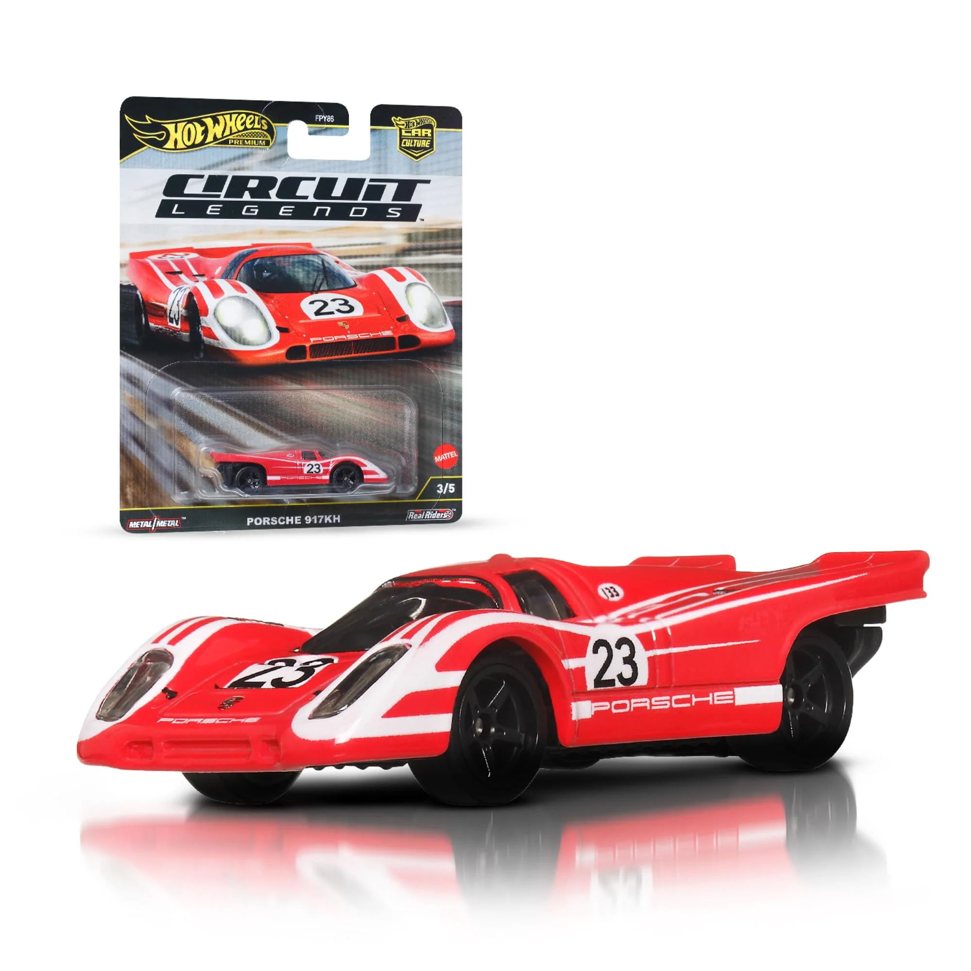 Hot Wheels Premium Car Culture Sammel-Spielzeugauto, Die-Cast Porsche 917K im Maßstab 1:64, Circuit Legends Fahrzeug mit Real Riders-Rädern, JBK63