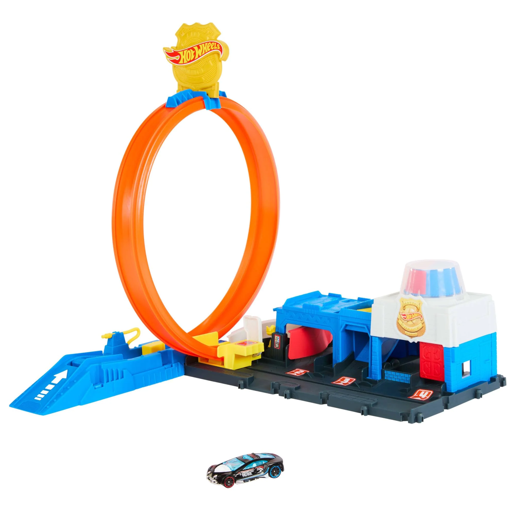 Hot Wheels Spielzeugauto Streckenset, Super Polizeiwache-Spielset mit Die-Cast-Fahrzeug im Maßstab 1:64 und anpassbaren Loopings für unterschiedliche Renn- und Stuntmöglichkeiten, JBM71