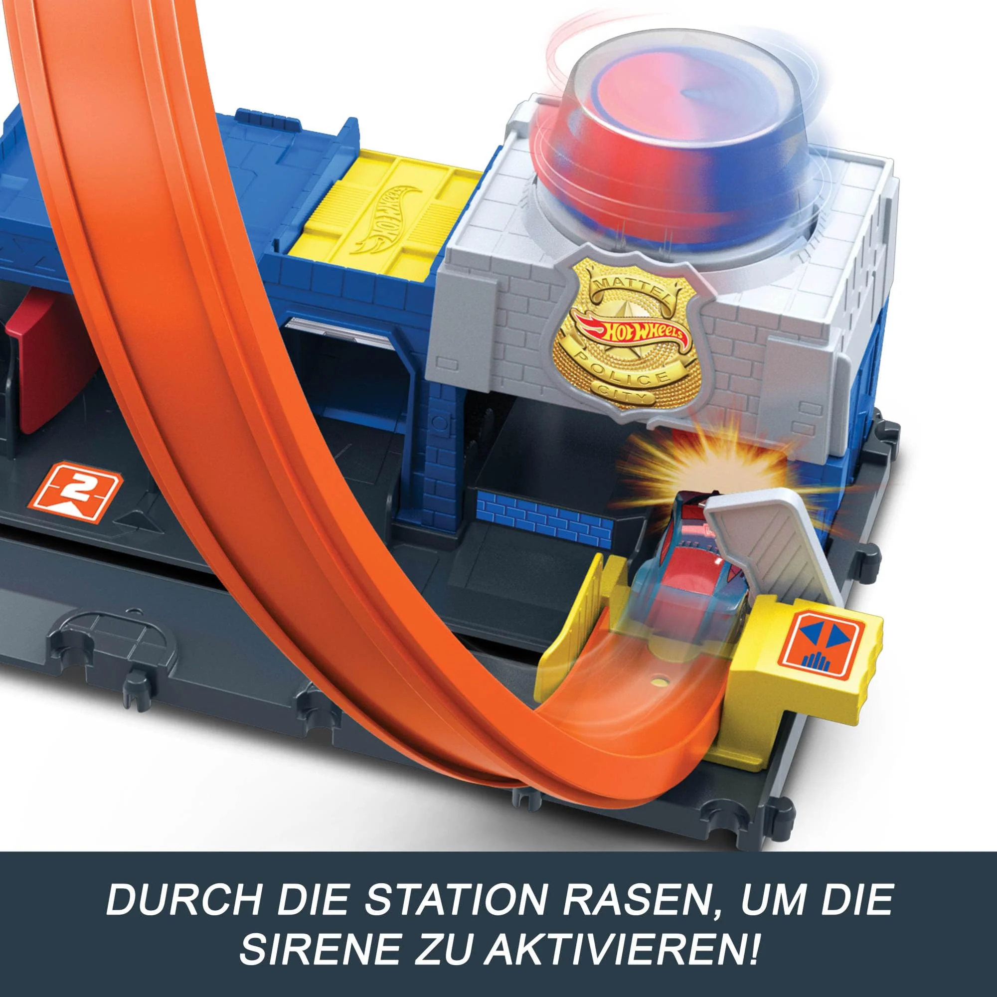 Hot Wheels Spielzeugauto Streckenset, Super Polizeiwache-Spielset mit Die-Cast-Fahrzeug im Maßstab 1:64 und anpassbaren Loopings für unterschiedliche Renn- und Stuntmöglichkeiten, JBM71 - Image 3