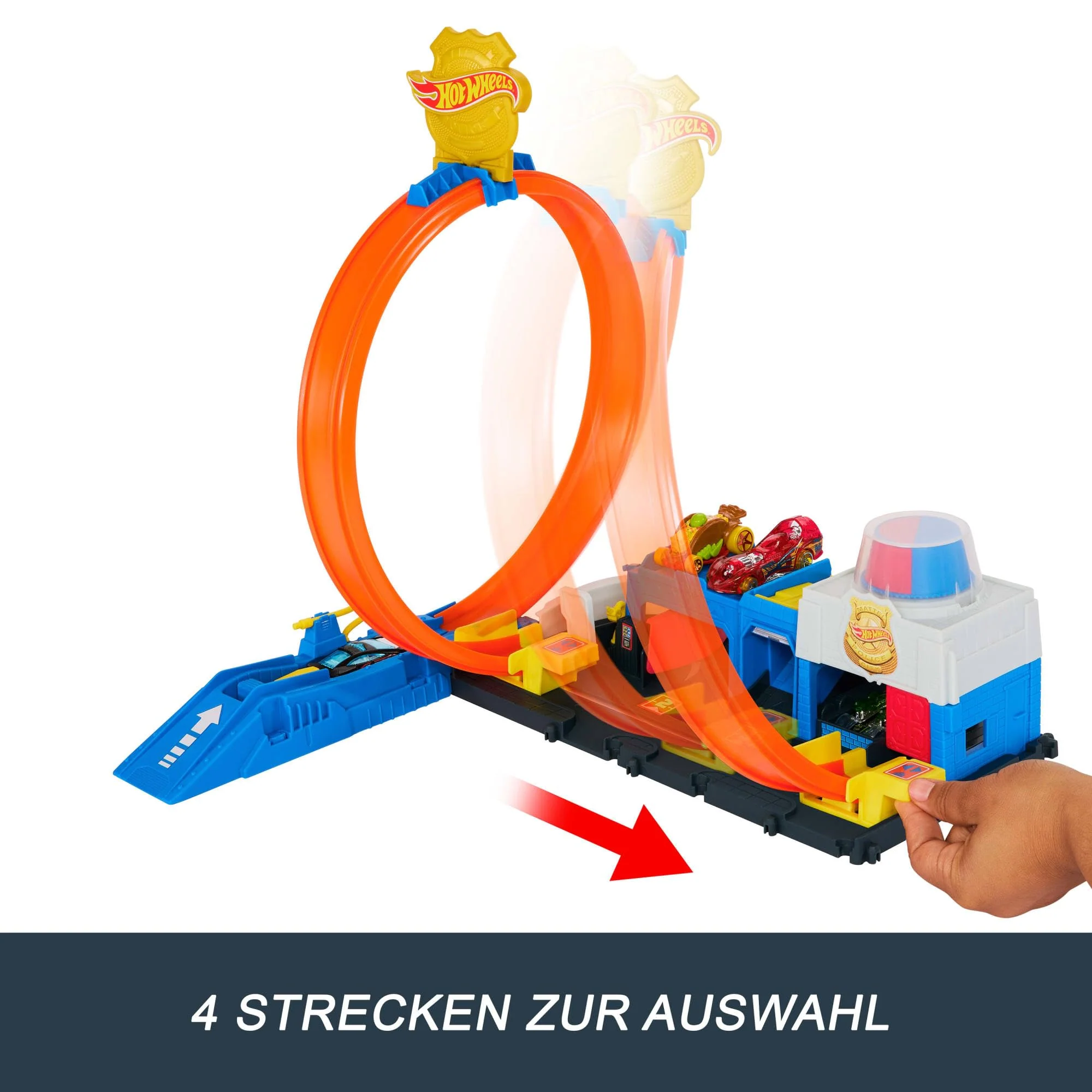 Hot Wheels Spielzeugauto Streckenset, Super Polizeiwache-Spielset mit Die-Cast-Fahrzeug im Maßstab 1:64 und anpassbaren Loopings für unterschiedliche Renn- und Stuntmöglichkeiten, JBM71 - Image 4