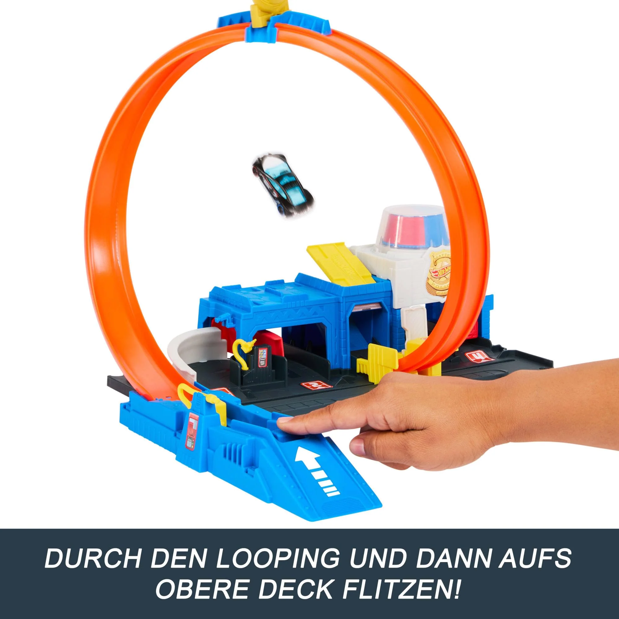 Hot Wheels Spielzeugauto Streckenset, Super Polizeiwache-Spielset mit Die-Cast-Fahrzeug im Maßstab 1:64 und anpassbaren Loopings für unterschiedliche Renn- und Stuntmöglichkeiten, JBM71 - Image 5