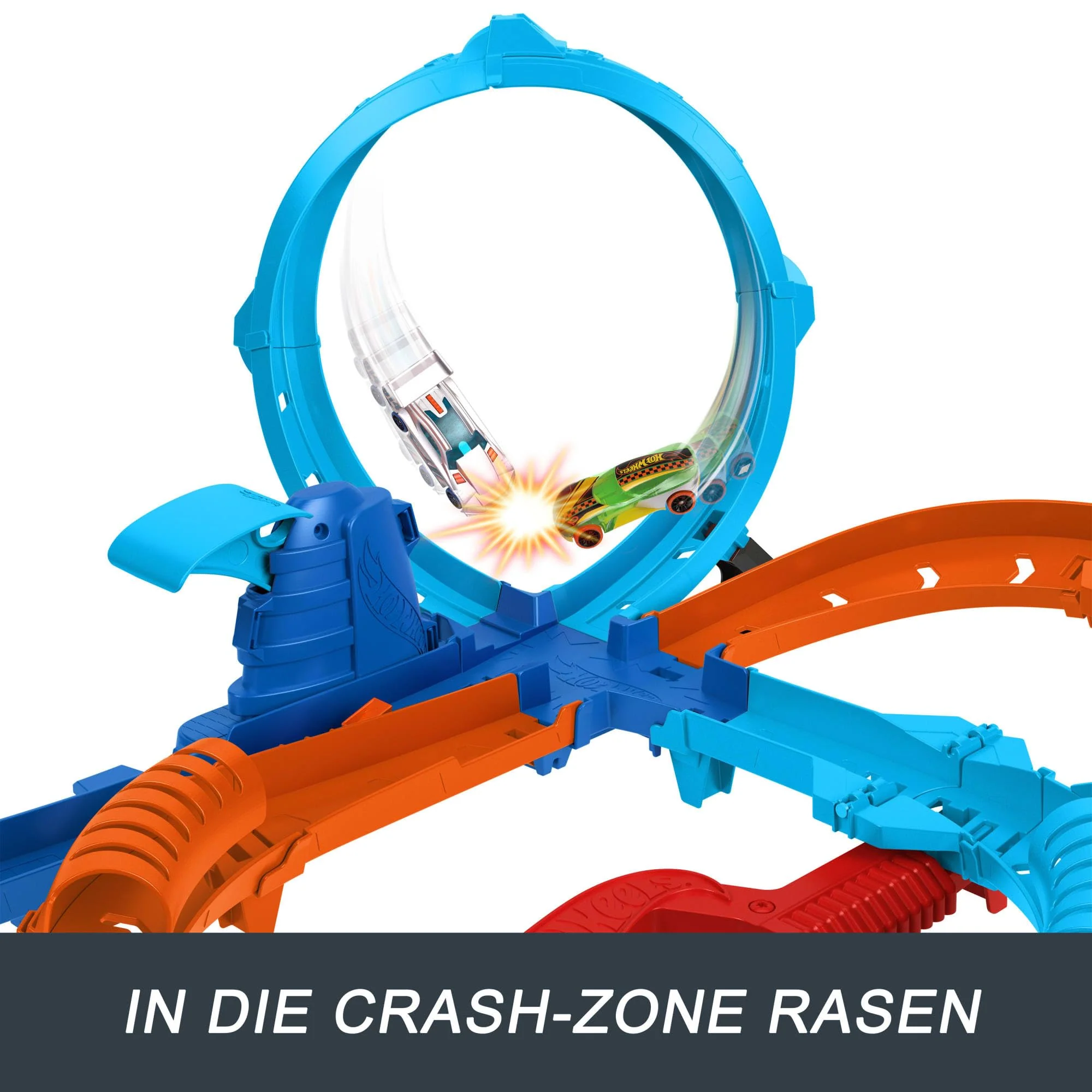 Hot Wheels Spielzeugauto Trackset, Ultra Hots Rasanter Wettkampfstart mit 2 Fahrzeugen im Maßstab 1:64, Kopf-an-Kopf-Rennen und Stunts, 2 manuell bedienbare Starter, HXR71 - Image 4