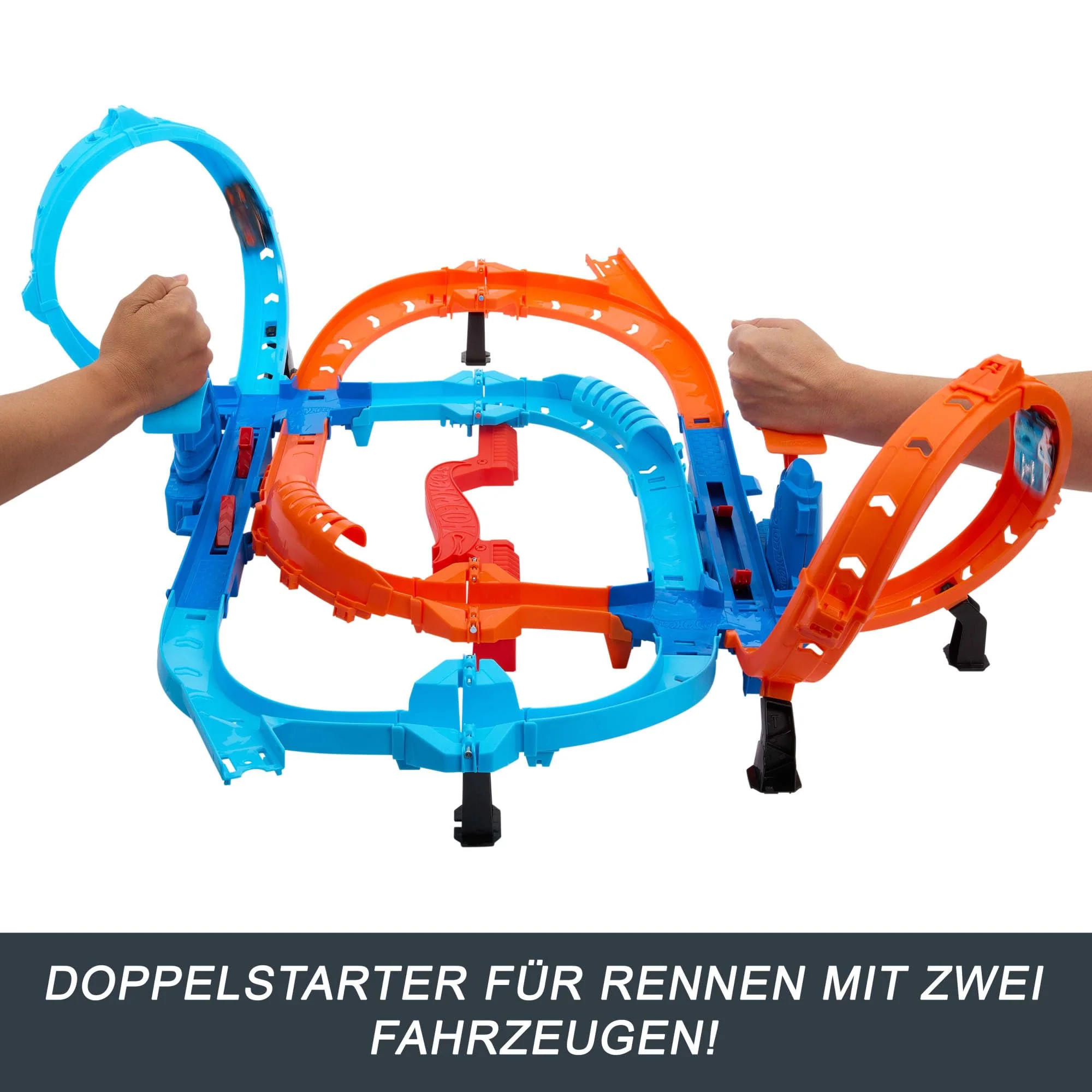 Hot Wheels Spielzeugauto Trackset, Ultra Hots Rasanter Wettkampfstart mit 2 Fahrzeugen im Maßstab 1:64, Kopf-an-Kopf-Rennen und Stunts, 2 manuell bedienbare Starter, HXR71 - Image 5