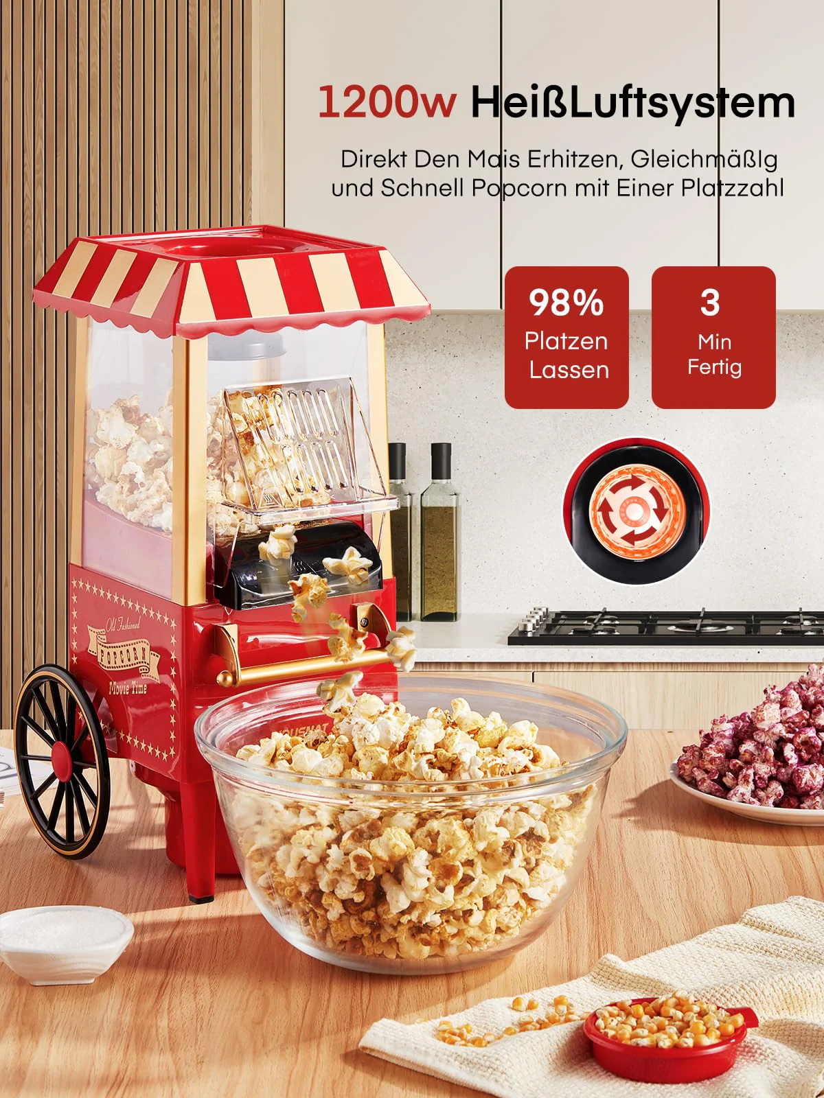 HOUSNAT Popcornmaschine Heissluft - Retro Klein Popcorn Maker -Fettfreies Ölfreies & Gesunder Maïs Snack - 1200W Popcorn Maschine für Zuhause - Filmabend & Weihnachten - Rot - Image 9