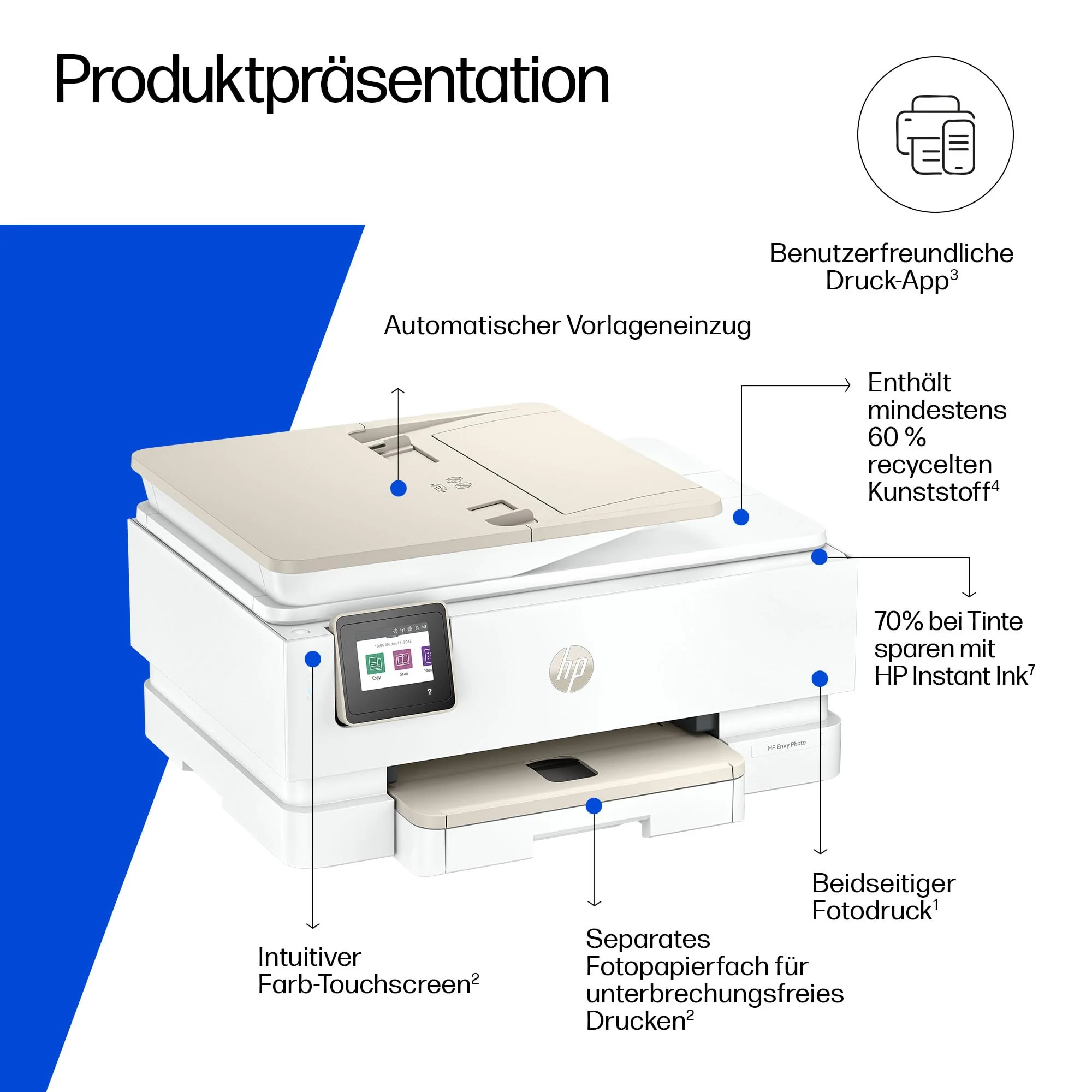 HP Envy Photo 7930 Multifunktionsdrucker, Tintenstrahldrucker, 6 Monate gratis drucken Instant Ink inklusive, Drucken, Scannen, Kopieren, Fotodruck, ADF, DIN A4, WiFi, USB - Image 11