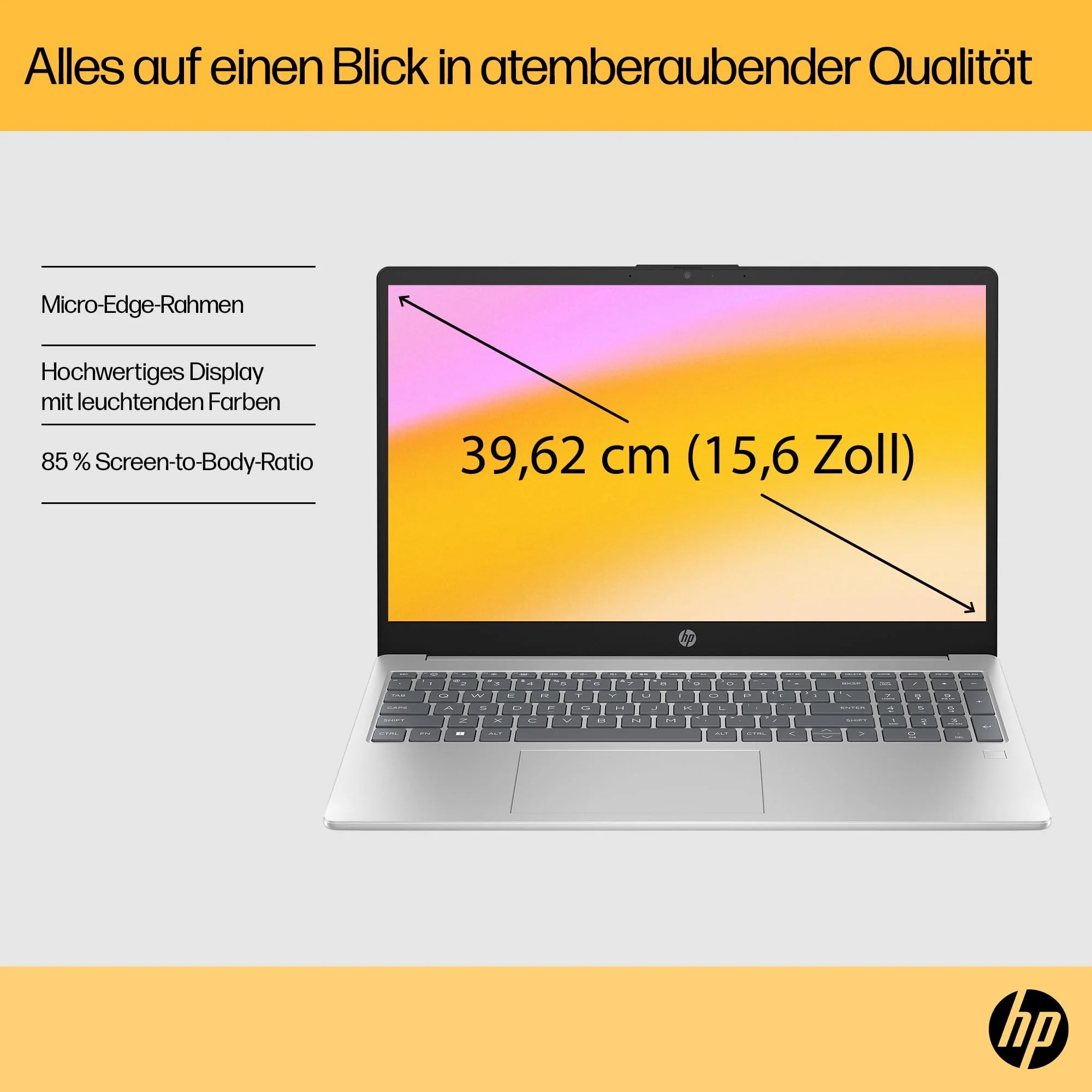 HP Laptop, 15,6" FHD Display, AMD Ryzen 5 7520U, 16 GB DDR5 RAM, 512 GB SSD, AMD Radeon-Grafik, Windows 11 Home, QWERTZ, Natural Silver mit HP Fast Charge - Image 6