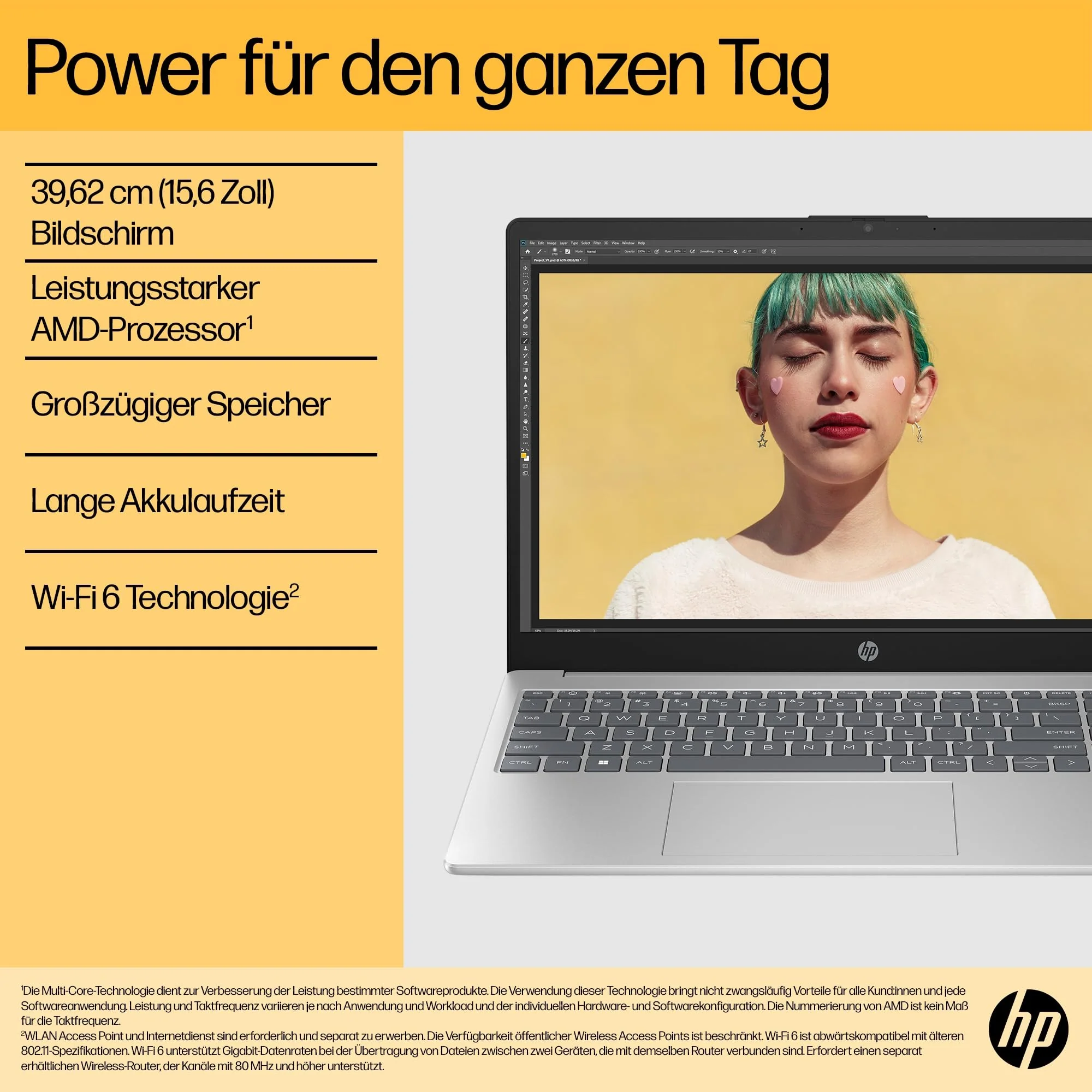 HP Laptop, 15,6" FHD Display, AMD Ryzen 5 7520U, 16 GB DDR5 RAM, 512 GB SSD, AMD Radeon-Grafik, Windows 11 Home, QWERTZ, Natural Silver mit HP Fast Charge - Image 7