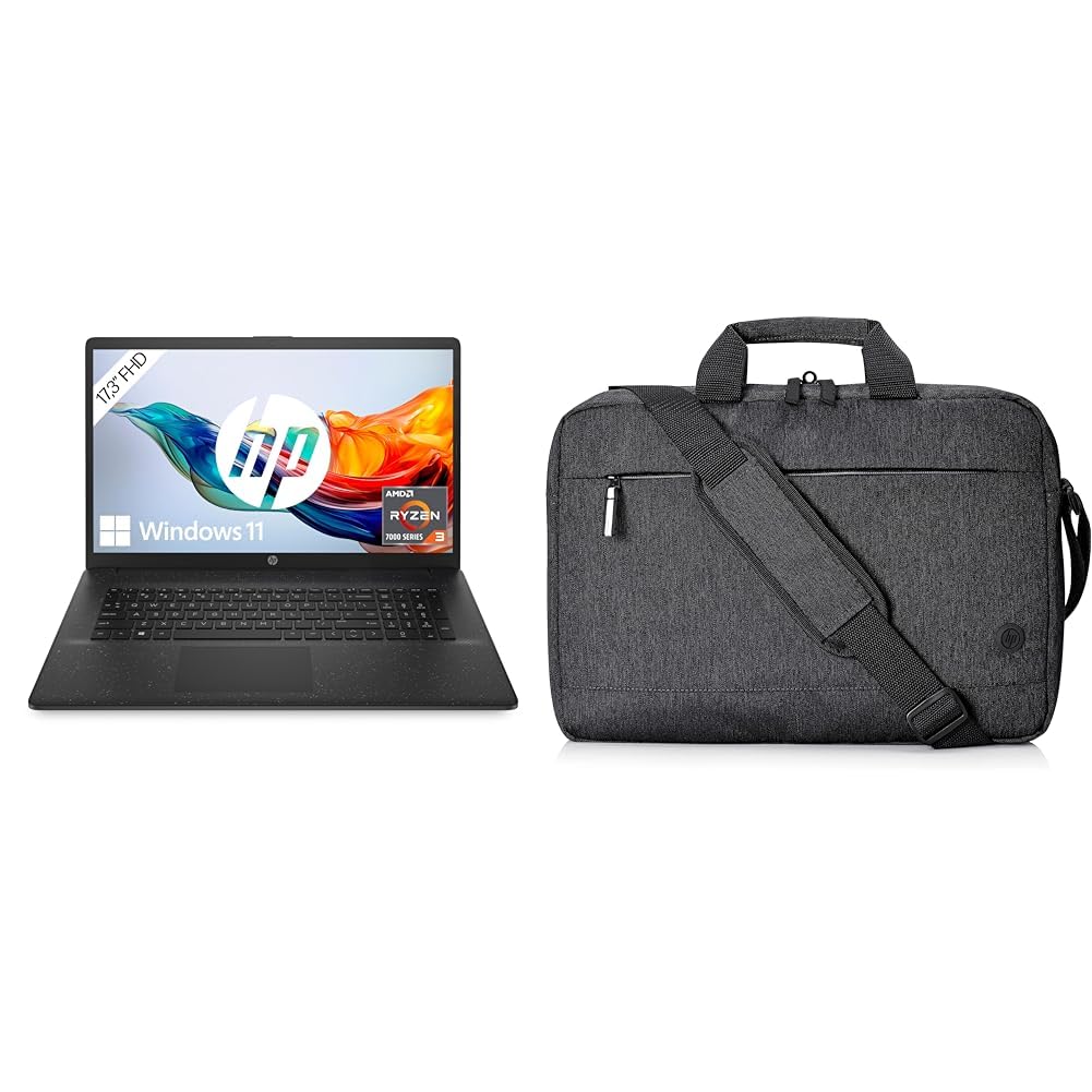 HP Laptop mit 17,3" FHD Display, AMD Ryzen 3 7320U, 8 GB DDR5 RAM, 512 GB SSD, AMD Radeon-Grafik, Windows 11, QWERTZ, Schwarz mit HP 3E2P1AA Prelude Pro 17,3 Zoll Laptop-Tasche, Schwarz