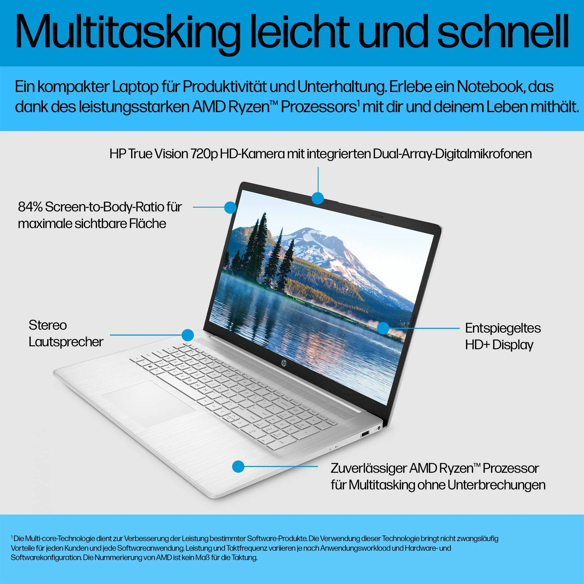 HP Laptop mit 17,3 Zoll (43,9 cm) FHD IPS Display, AMD Ryzen 3 7320U, 8 GB RAM, 256 GB SSD, AMD Radeon-Grafik, Windows 11 Home, QWERTZ Tastatur, HP Fast Charge, Silber - Image 7