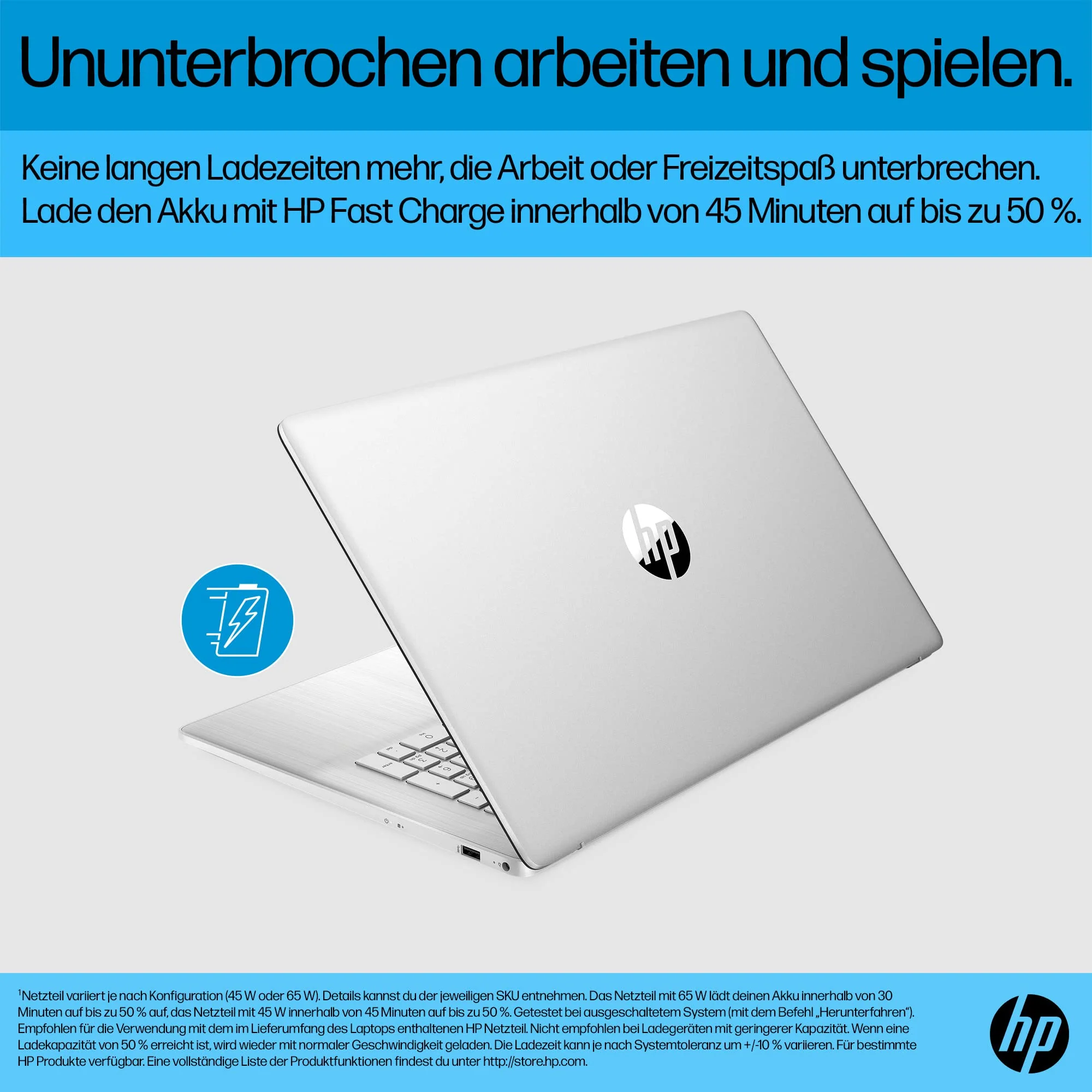 HP Laptop mit 17,3 Zoll (43,9 cm) FHD IPS Display, AMD Ryzen 3 7320U, 8 GB RAM, 256 GB SSD, AMD Radeon-Grafik, Windows 11 Home, QWERTZ Tastatur, HP Fast Charge, Silber - Image 8