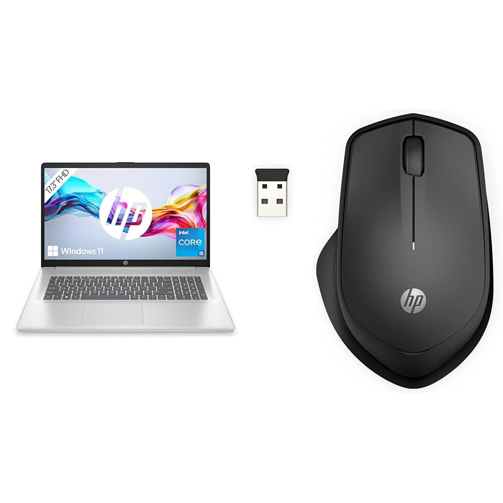 HP Laptop mit 17,3 Zoll FHD Display,Intel Core i5-1334U, 16 GB DDR4 RAM, 512 GB SSD, Intel Graphics, Windows 11, QWERTZ Tastatur, Silber 280 Silent Wireless Maus, Schwarz