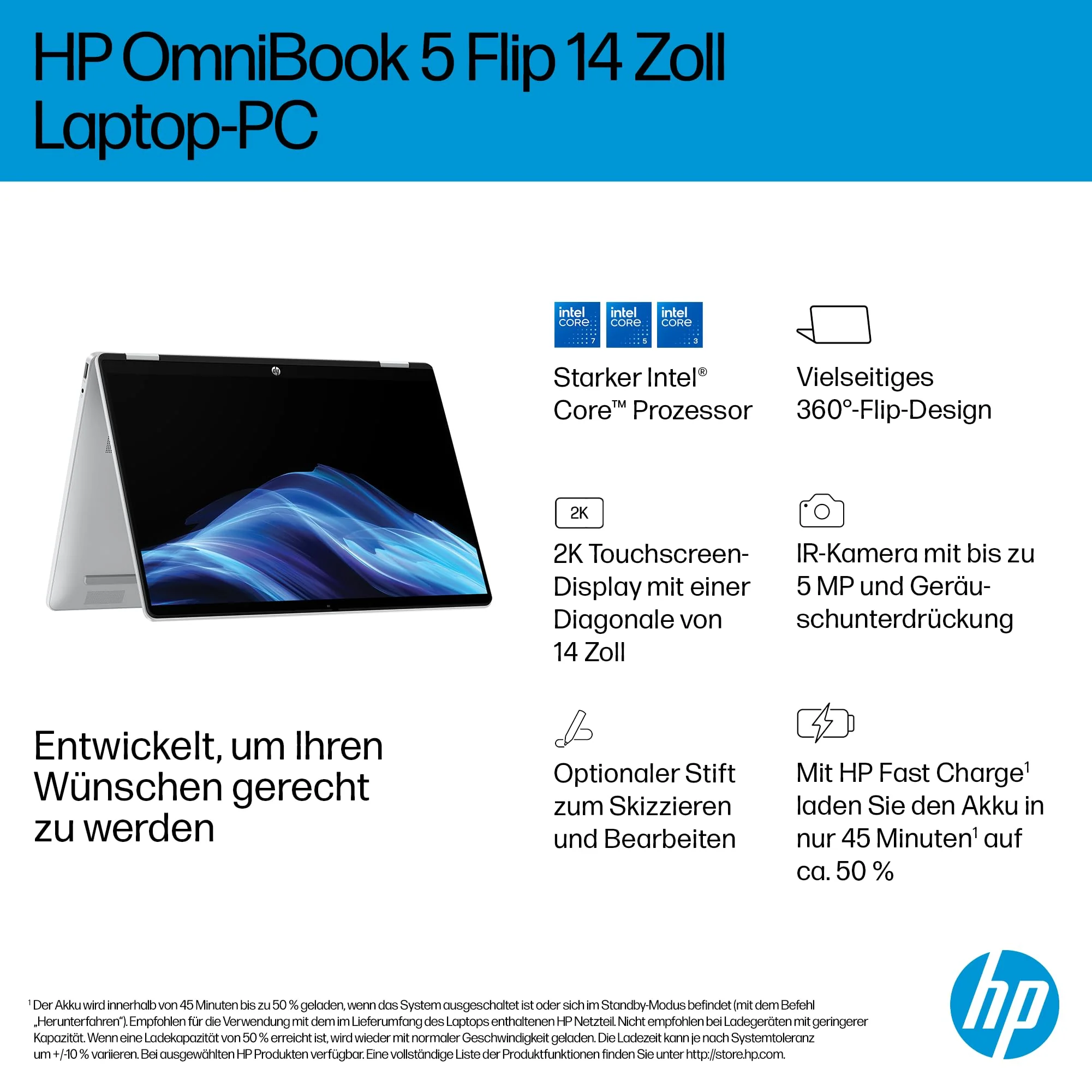 HP OmniBook 5 Flip 14-fp0254ng 2 in 1 Convertible Laptop, 14 Zoll 2K-Touchscreen (1920 x 1200), Intel Core i5-1334U, 16 GB RAM, 512 GB SSD, QWERTZ, Windows 11 Home, Silber - Image 22