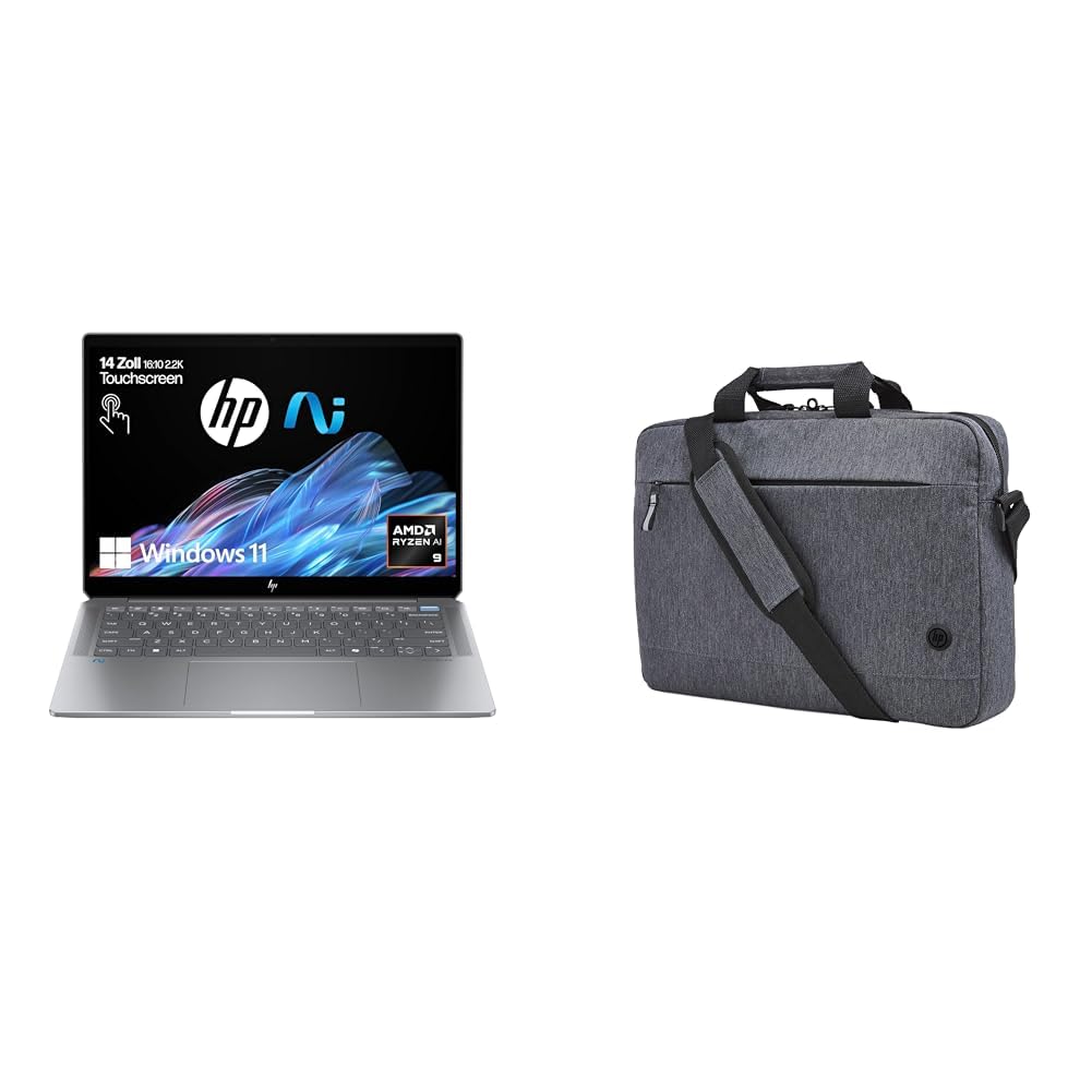 HP OmniBook Ultra, Copilot+ KI PC, 14 Zoll 2,8K IPS Touch-Display, 400 Nits, AMD Ryzen AI 9 365, 16 GB RAM, 1TB SSD, AMD Radeon-Grafikeinheit, QWERTZ, Silber Prelude Pro Laptop-Tasche, Grau