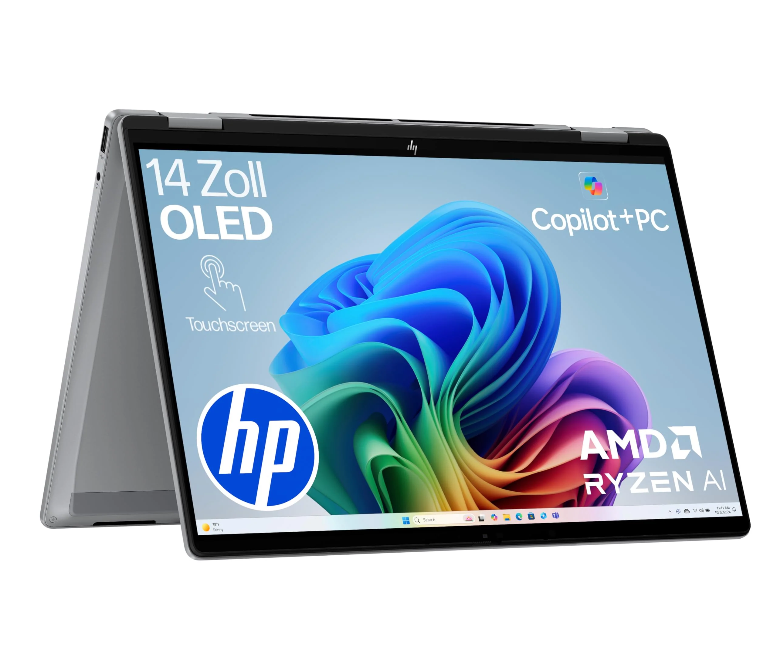 HP OmniBook X Flip 2in1 Next Gen AI Laptop| AMD Ryzen AI 7 350 (8C) | dedizierte NPU für KI | 50 NPU Tops | Copilot+ PC | 14" 3K 2880x1800 OLED-Touchscreen | 16GB | 1TB SSD | Win11 | QWERTZ | Silber