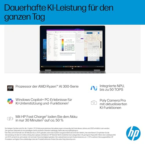 HP OmniBook X Flip 2in1 Next Gen AI Laptop | AMD Ryzen AI 7 350 (8C) | dedizierte NPU für KI | 50 NPU Tops | Copilot+ PC | 14" WUXGA 1920x1200 Touchscreen | 16GB | 512GB SSD | Win11 | QWERTZ | Silber - Image 16