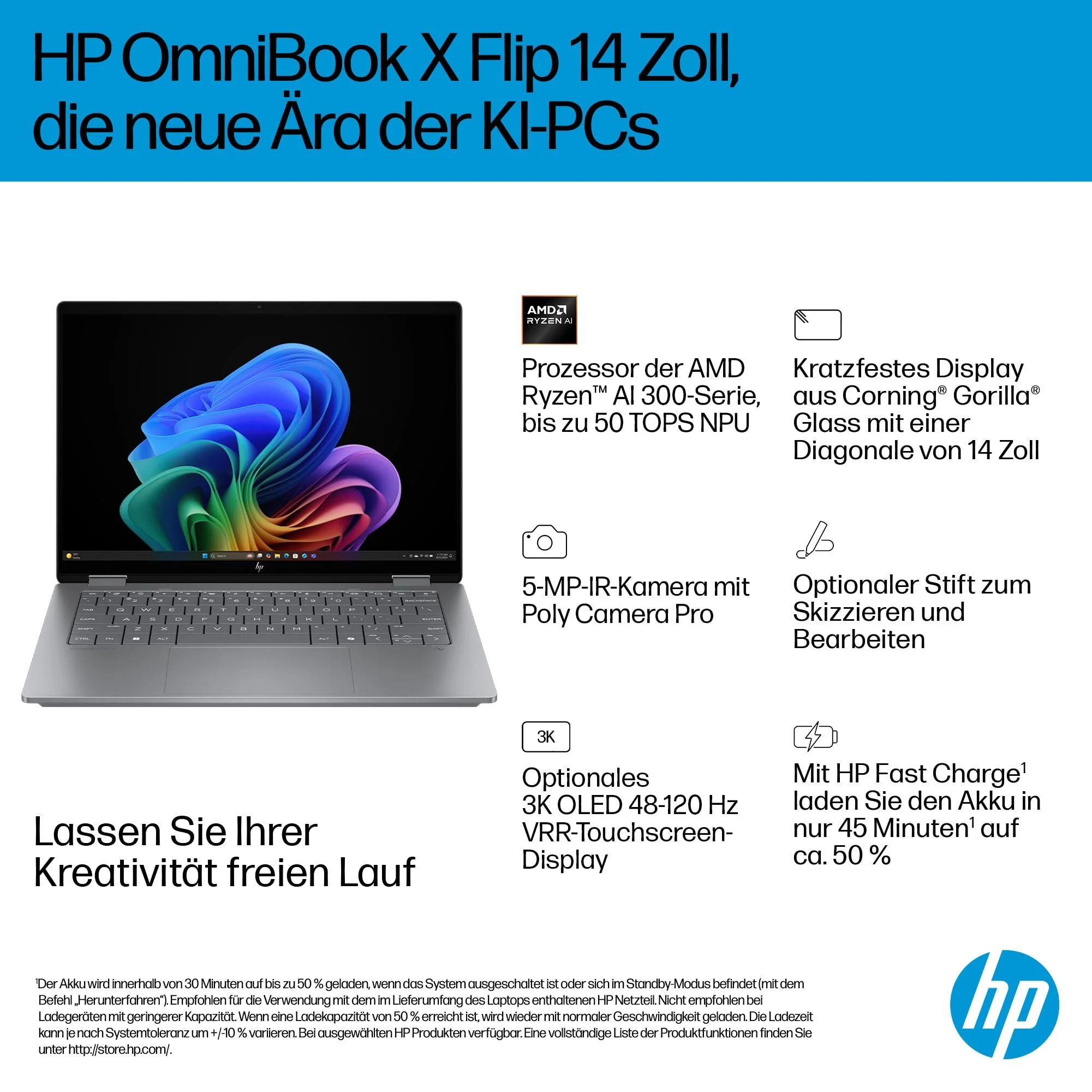 HP OmniBook X Flip 2in1 Next Gen AI Laptop | AMD Ryzen AI 7 350 (8C) | dedizierte NPU für KI | 50 NPU Tops | Copilot+ PC | 14" WUXGA 1920x1200 Touchscreen | 16GB | 512GB SSD | Win11 | QWERTZ | Silber - Image 24