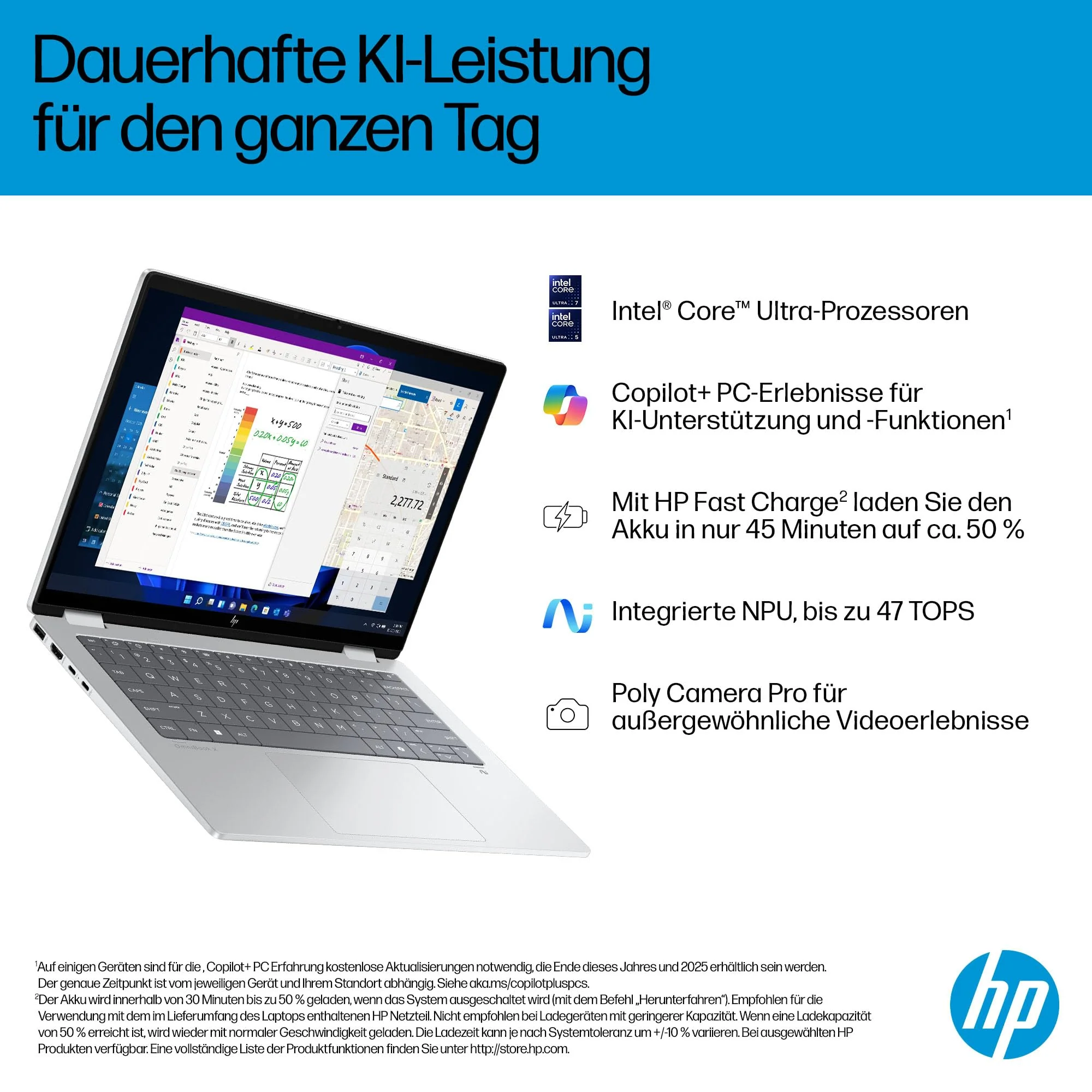 HP OmniBook X Flip 2in1 Next Gen AI Laptop | Intel Core Ultra 7 256V | dedizierte NPU für KI | 47 NPU Tops | Copilot+ PC | 14" 3K 2880x1800 OLED Touchscreen | 16GB | 1TB SSD | Win11 | QWERTZ | Silber - Image 21