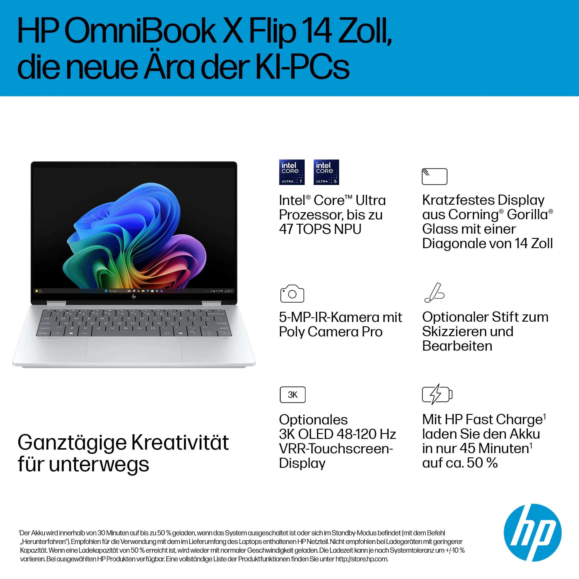 HP OmniBook X Flip 2in1 Next Gen AI Laptop | Intel Core Ultra 7 256V | dedizierte NPU für KI | 47 NPU Tops | Copilot+ PC | 14" 3K 2880x1800 OLED Touchscreen | 16GB | 1TB SSD | Win11 | QWERTZ | Silber - Image 24