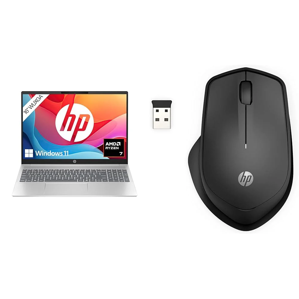 HP Pavilion Laptop, 16" WUXGA-Display, AMD Ryzen 7 8840U, 16 GB DDR5 RAM, 512 GB PCIe NVMe SSD, AMD Radeon Graphics, QWERTZ, Windows 11 Home, Silber 280 Silent Wireless Maus, Schwarz