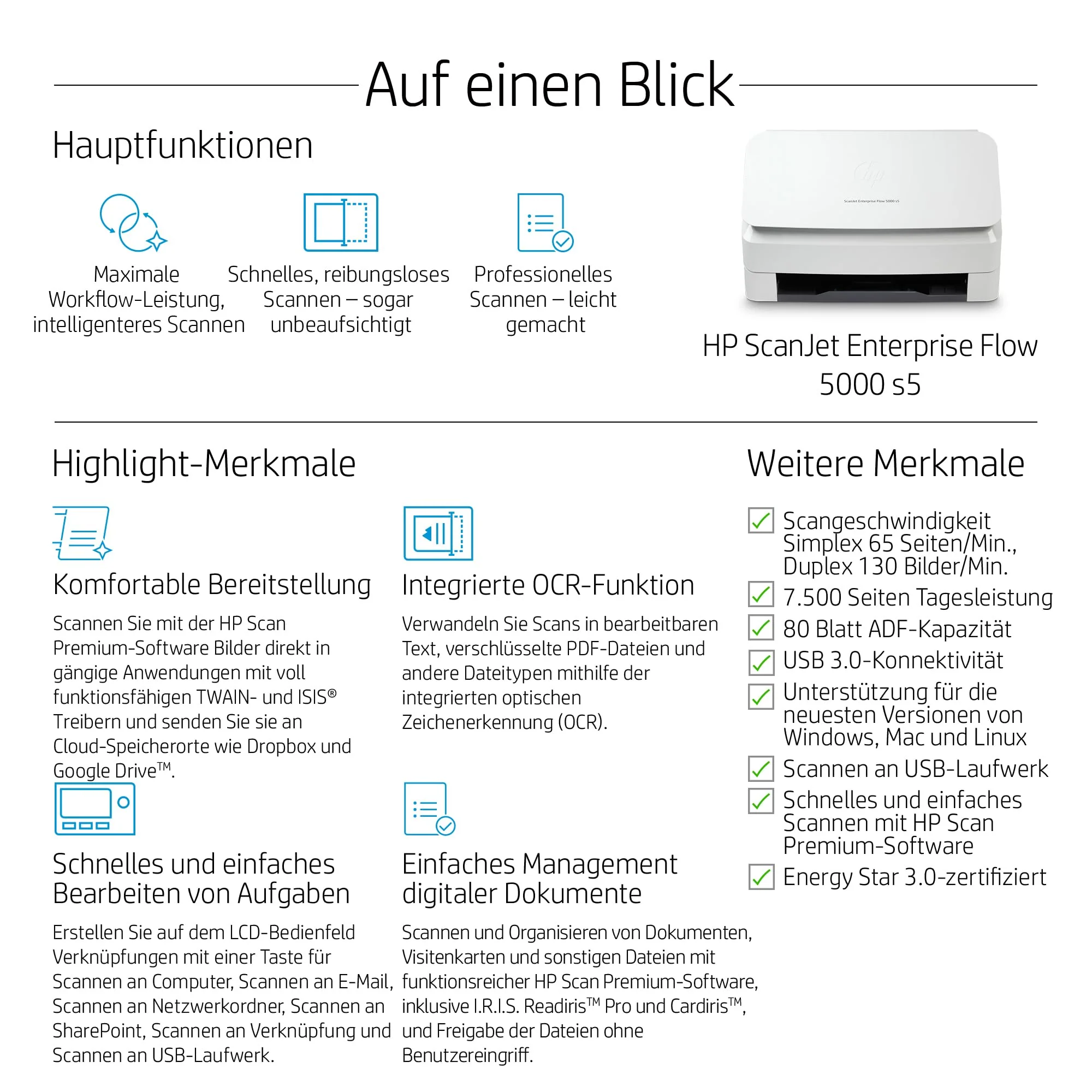 HP ScanJet Enterprise Flow 5000 s5, Scanner, Einzelblattzufuhr, 80-Blatt ADF, USB, bis zu 7.500 Seiten täglich - Image 9