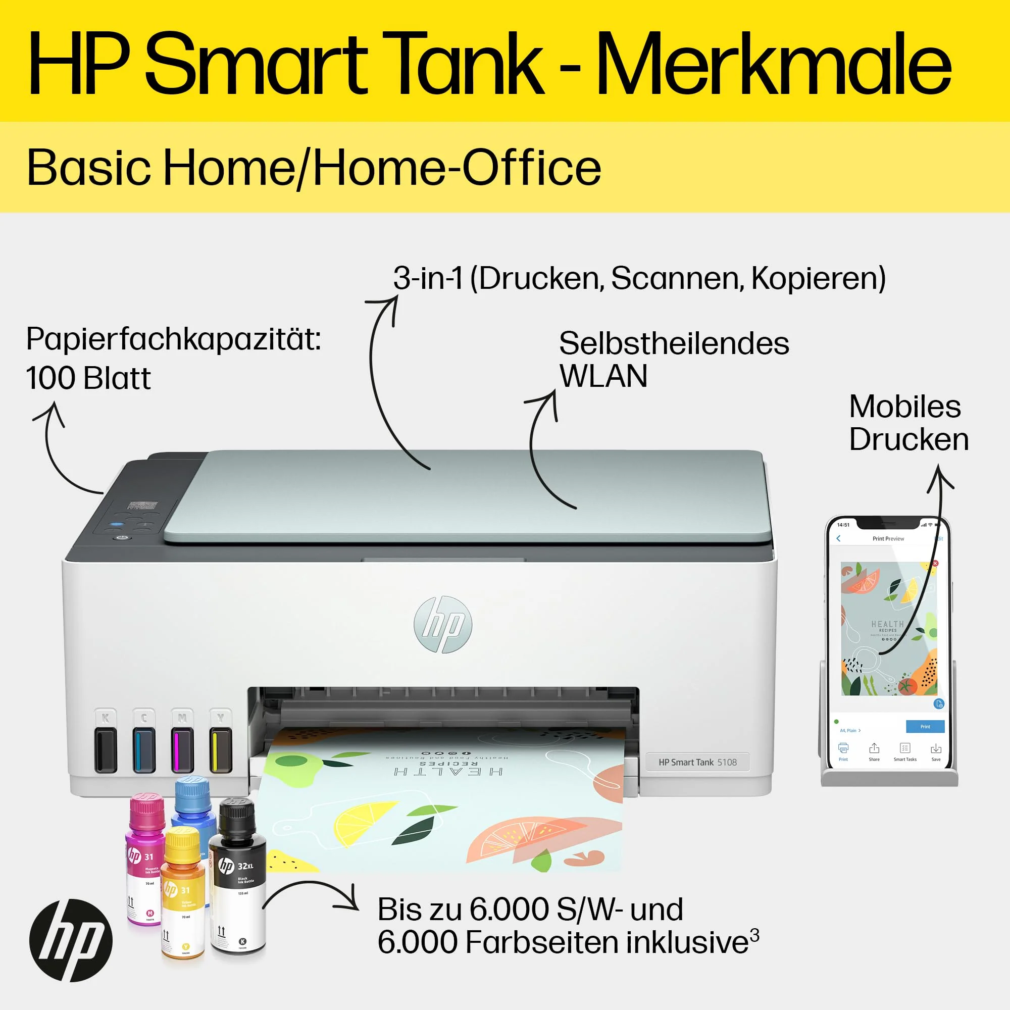 HP Smart Tank 5108 3-in-1 Multifunktionsdrucker (WLAN; Mobiles Drucken) – 3 Jahre Tinte inklusive, 3 Jahre Garantie, großer Tintentank, hohe Reichweite, Drucken in hoher Qualität - Image 6