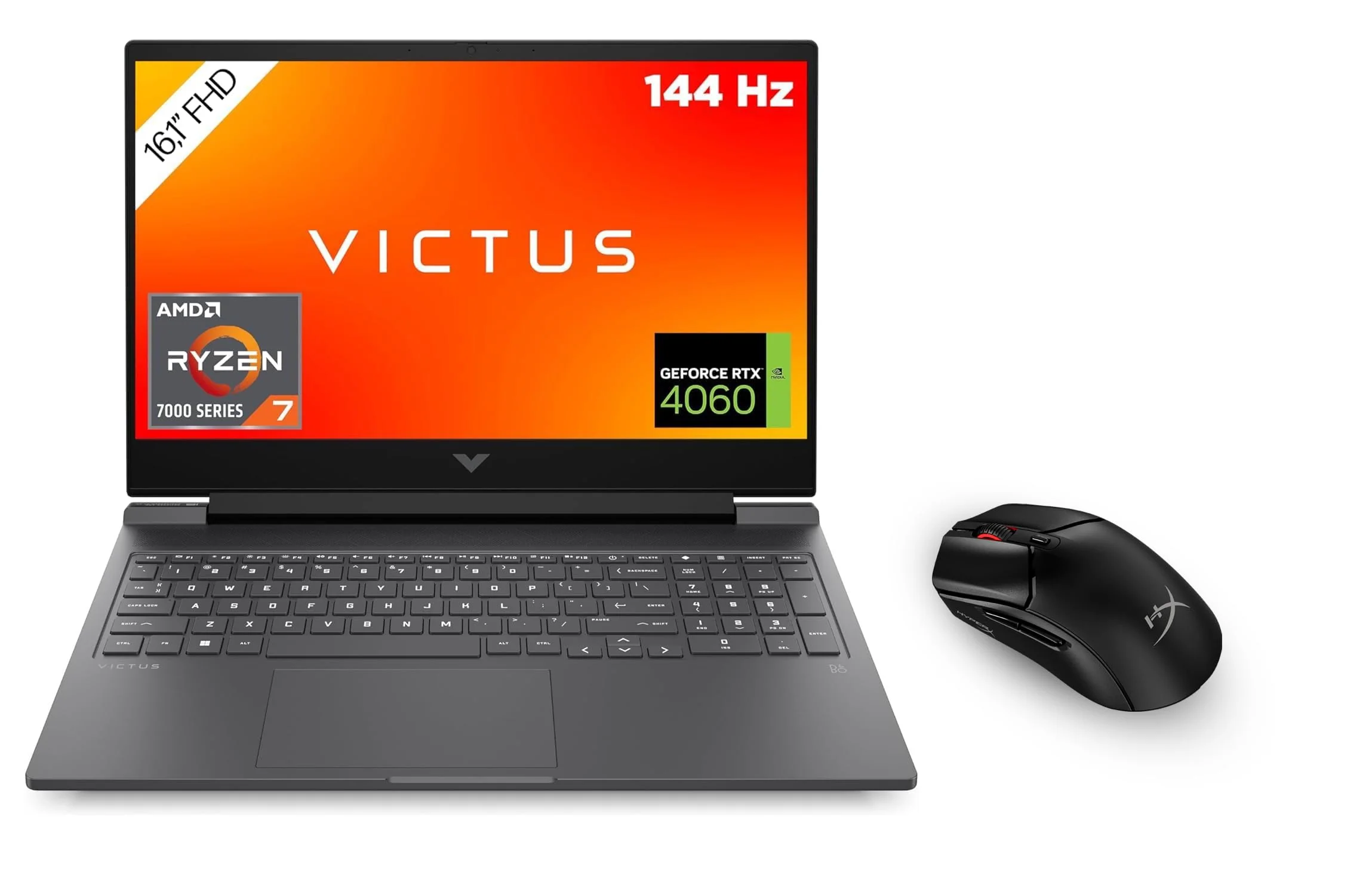HP Victus Gaming Laptop | 16,1" FHD 144 Hz Display | AMD Ryzen 7-7840HS | 16 GB DDR5 | 512 GB SSD | NVIDIA GeForce RTX 4060 | Windows 11 | QWERTZ | Schwarz | HyperX Pulsefire Haste 2 Wireless Black