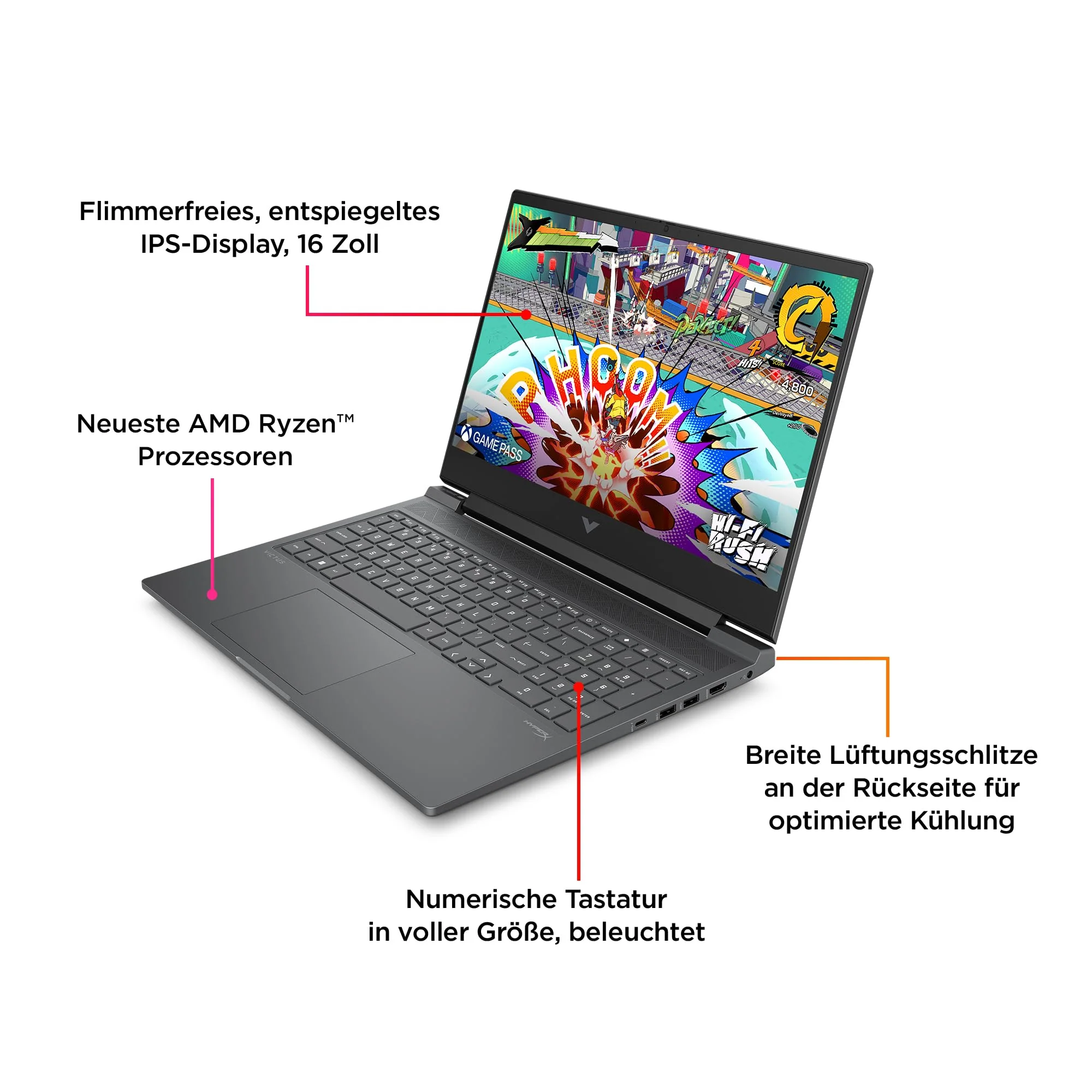 HP Victus Gaming Laptop, 16,1" FHD 144Hz Display, AMD Ryzen 7 8845HS, 16GB DDR5 RAM, 1TB SSD, NVIDIA GeForce RTX 4070 (8GB), QWERTZ, Windows 11, Mica Silver - Image 2