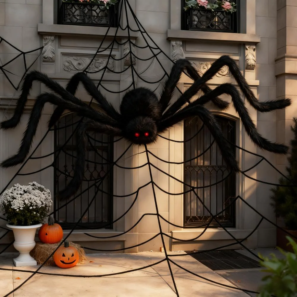 HSUYUN Halloween Spinnen, 60cm Riesenspinne, Schwarze Spinnennetz Deko mit Plüschdesign, Realistische Spinnen Deko Halloween, für Dekoration von Garten, Fenstern und Esstisch