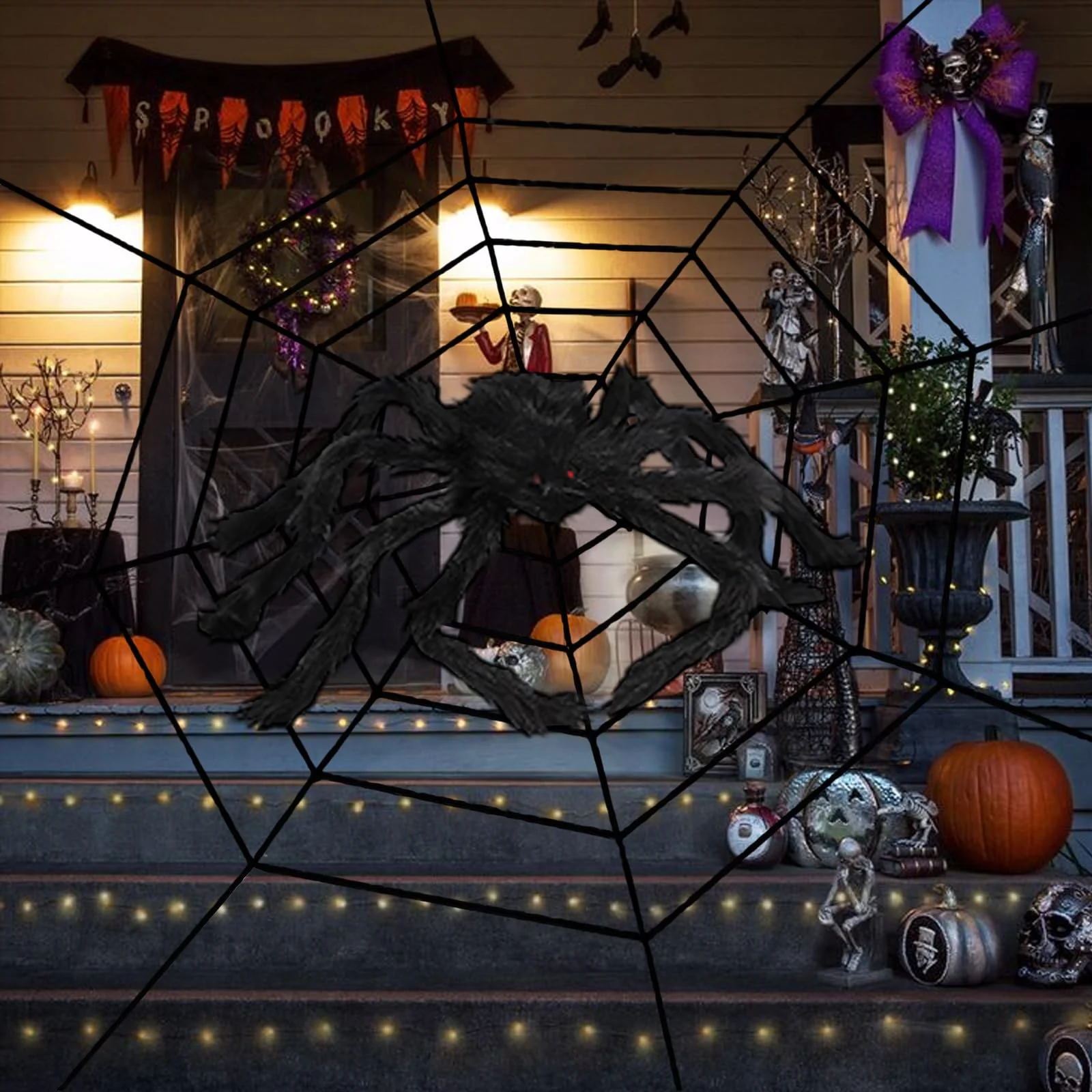 HSUYUN Halloween Spinnen, 60cm Riesenspinne, Schwarze Spinnennetz Deko mit Plüschdesign, Realistische Spinnen Deko Halloween, für Dekoration von Garten, Fenstern und Esstisch - Image 2