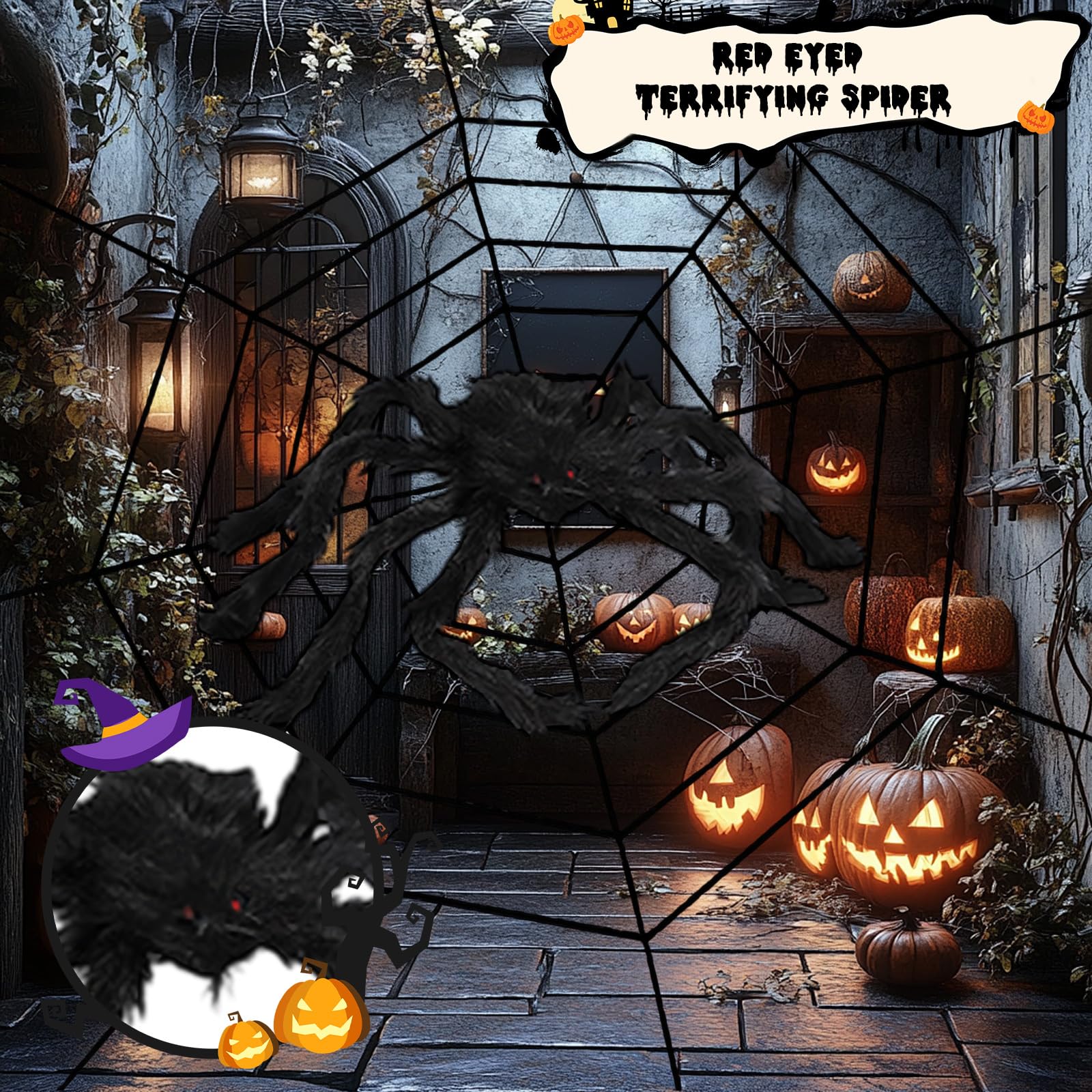 HSUYUN Halloween Spinnen, 60cm Riesenspinne, Schwarze Spinnennetz Deko mit Plüschdesign, Realistische Spinnen Deko Halloween, für Dekoration von Garten, Fenstern und Esstisch - Image 5