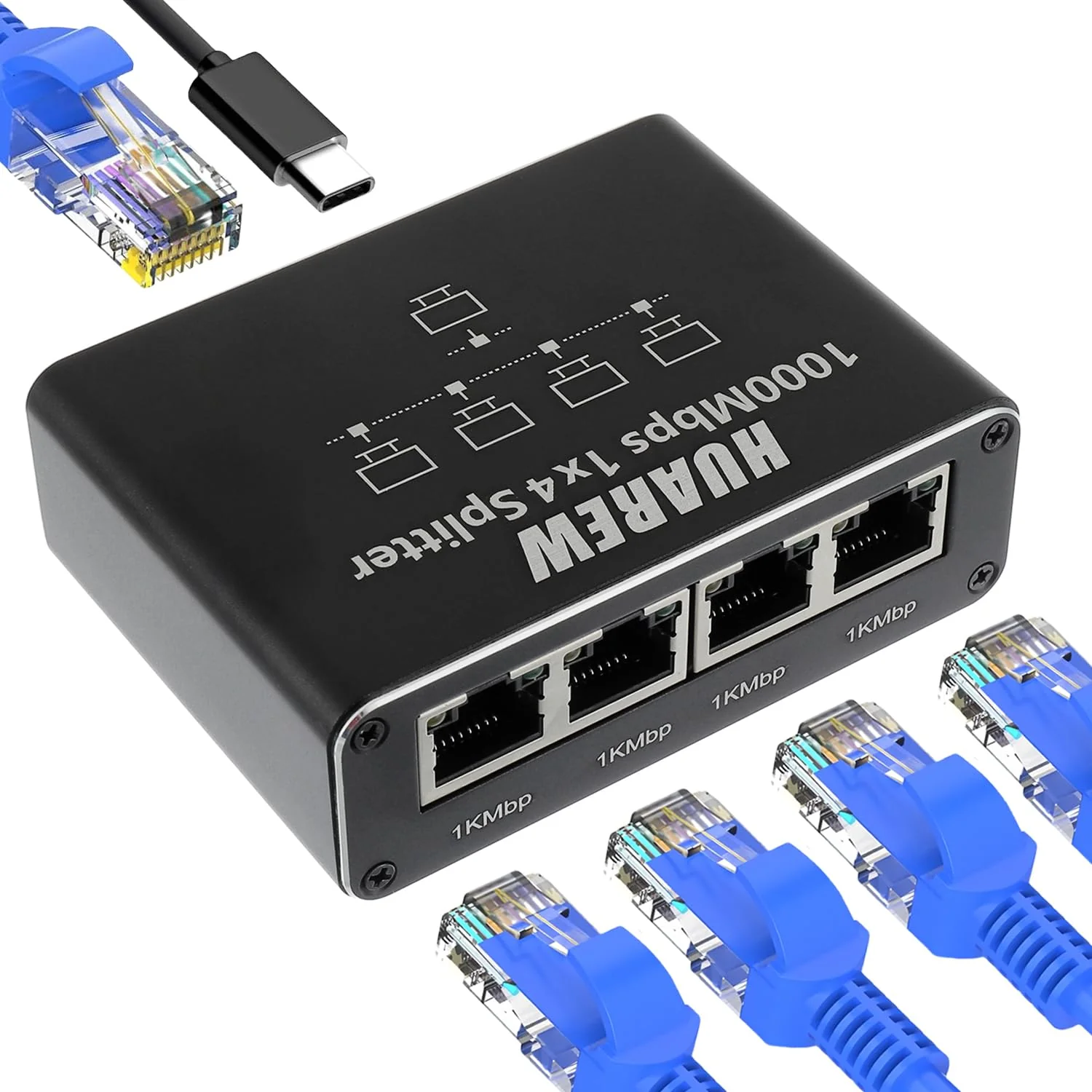 HUAREW LAN Splitter 1 to 4, Network Switch 1 to 4, 1000Mbps Aluminium Ethernet Splitter, 4 Ports Gigabit LAN Splitter with USB C Power Cable for Computer, Laptop, Switch, Router, Set Top Box