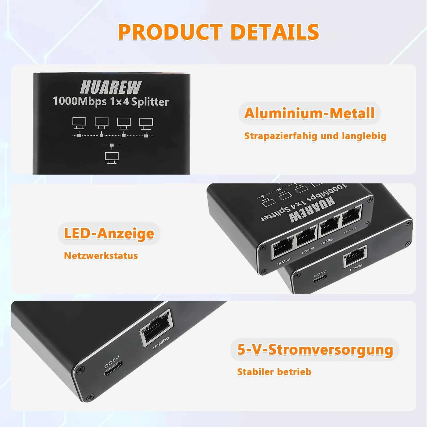 HUAREW LAN Splitter 1 to 4, Network Switch 1 to 4, 1000Mbps Aluminium Ethernet Splitter, 4 Ports Gigabit LAN Splitter with USB C Power Cable for Computer, Laptop, Switch, Router, Set Top Box - Image 2