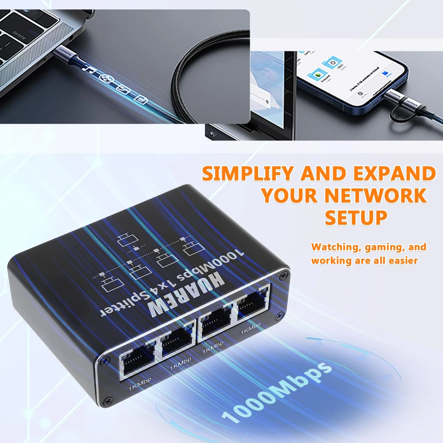 HUAREW LAN Splitter 1 to 4, Network Switch 1 to 4, 1000Mbps Aluminium Ethernet Splitter, 4 Ports Gigabit LAN Splitter with USB C Power Cable for Computer, Laptop, Switch, Router, Set Top Box - Image 3