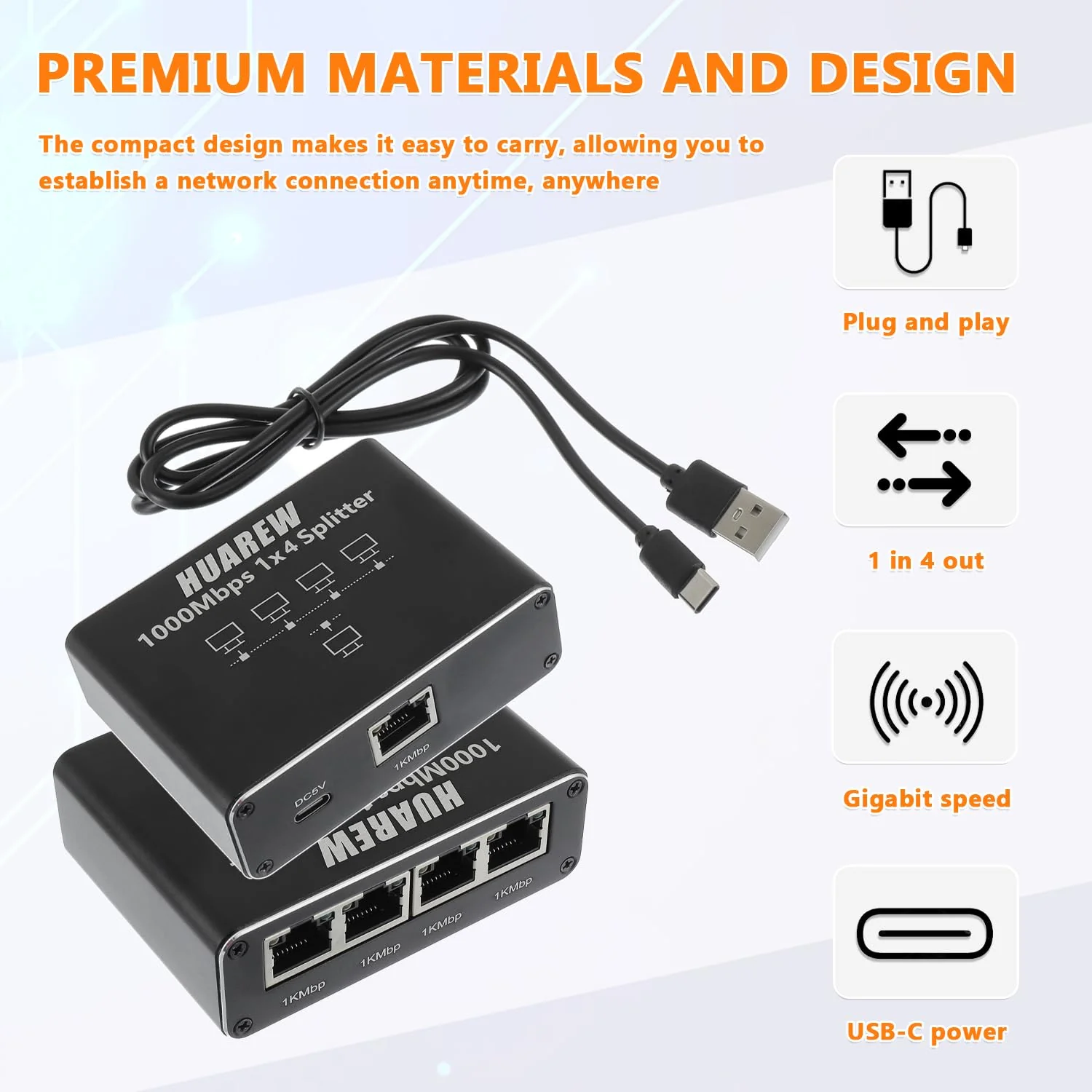HUAREW LAN Splitter 1 to 4, Network Switch 1 to 4, 1000Mbps Aluminium Ethernet Splitter, 4 Ports Gigabit LAN Splitter with USB C Power Cable for Computer, Laptop, Switch, Router, Set Top Box - Image 4