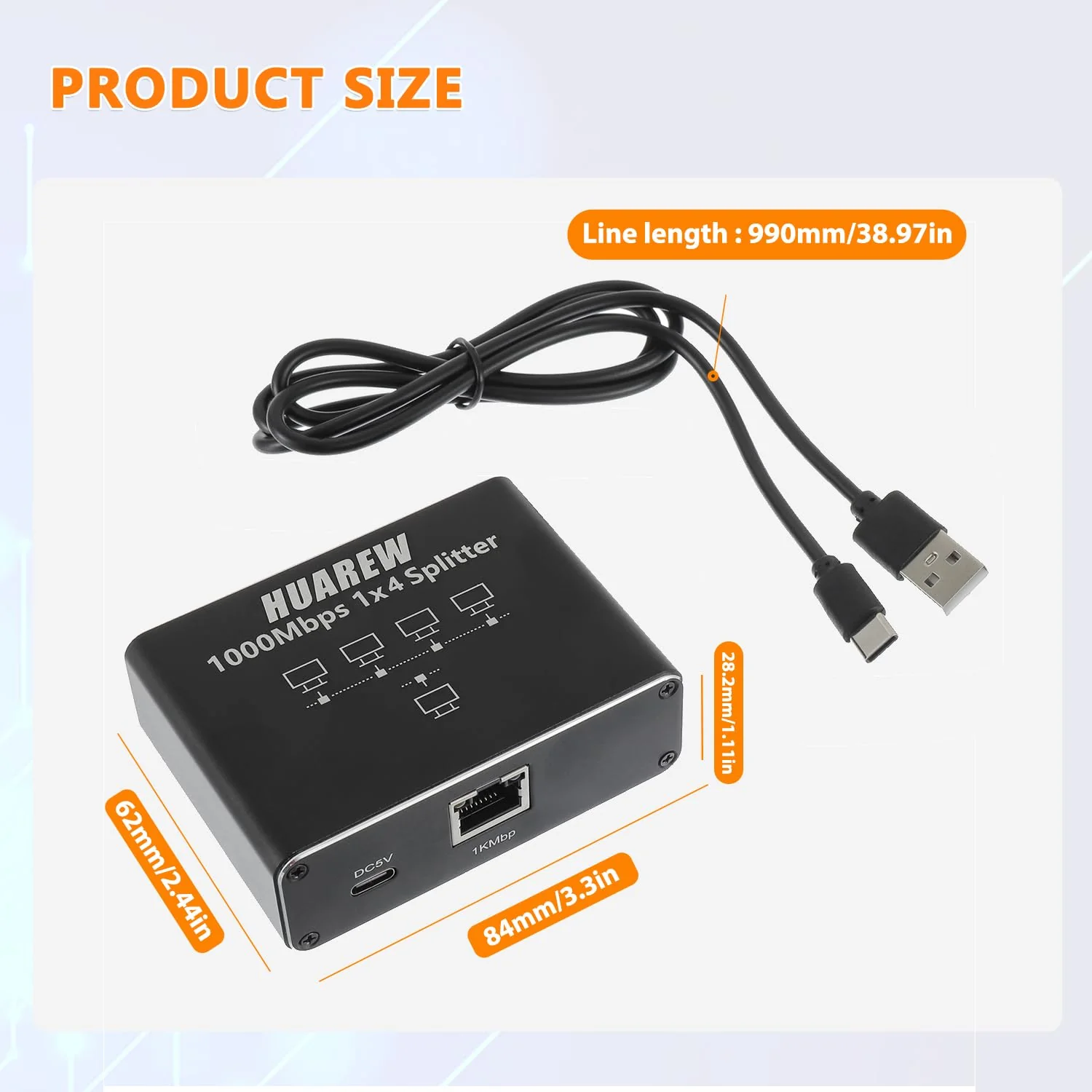 HUAREW LAN Splitter 1 to 4, Network Switch 1 to 4, 1000Mbps Aluminium Ethernet Splitter, 4 Ports Gigabit LAN Splitter with USB C Power Cable for Computer, Laptop, Switch, Router, Set Top Box - Image 7