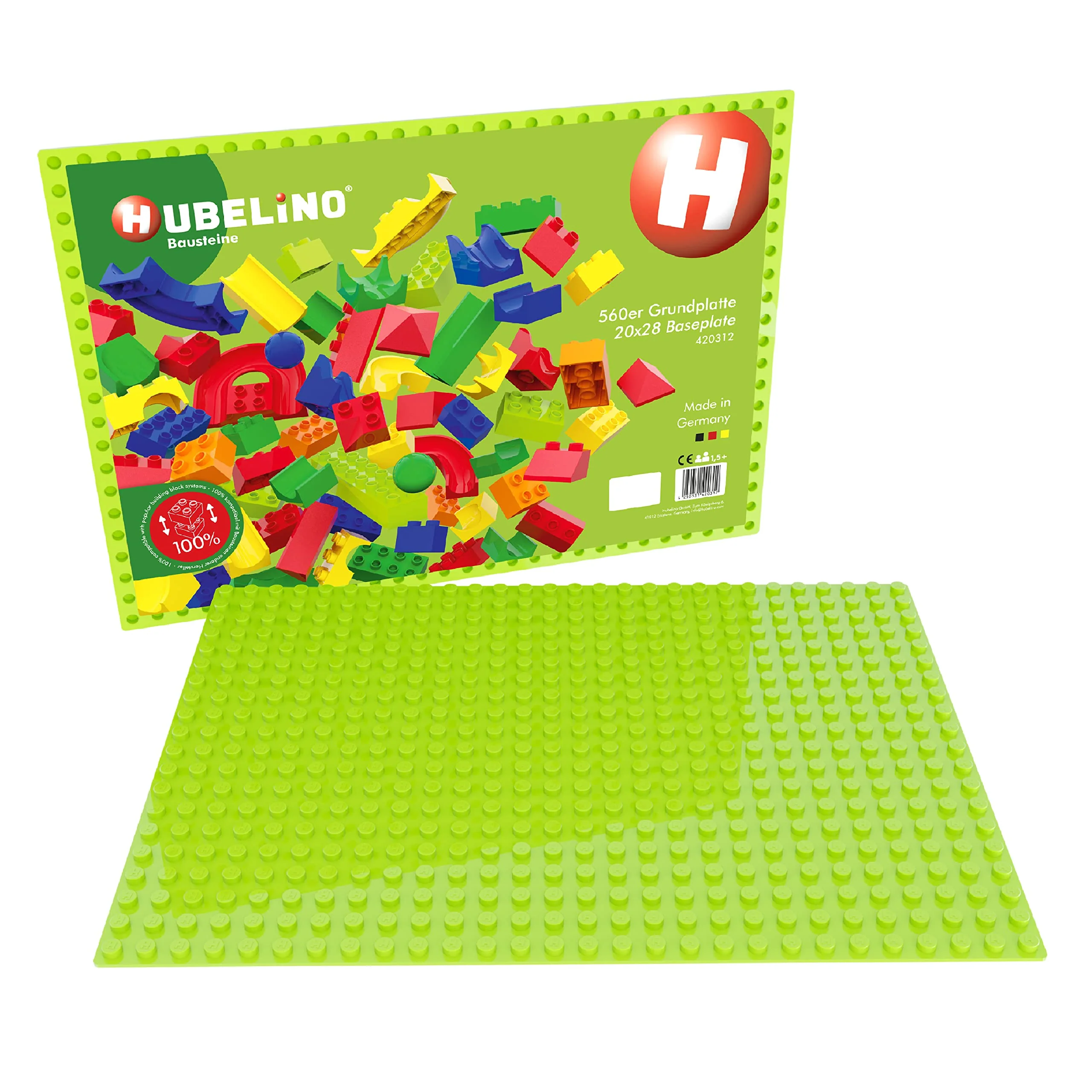 Hubelino #420312 560er Grundplatte (20x28 Noppen, 32x44,8cm) in Hellgrün, kompatibel mit großen Bausteinen Anderer Hersteller, Made in Germany